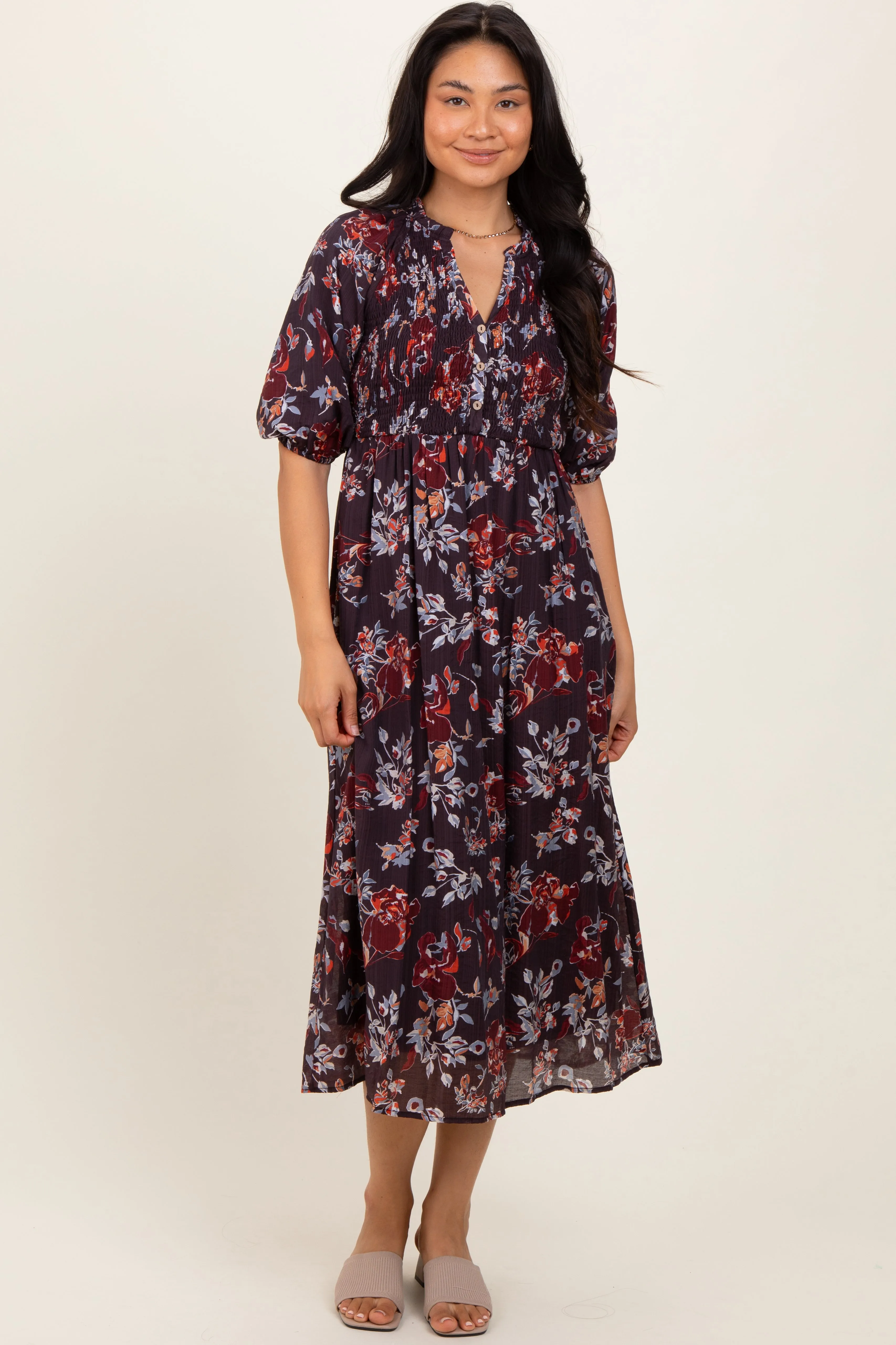 Brown Floral Smocked Button Down Midi Dress sold by Pinkblush