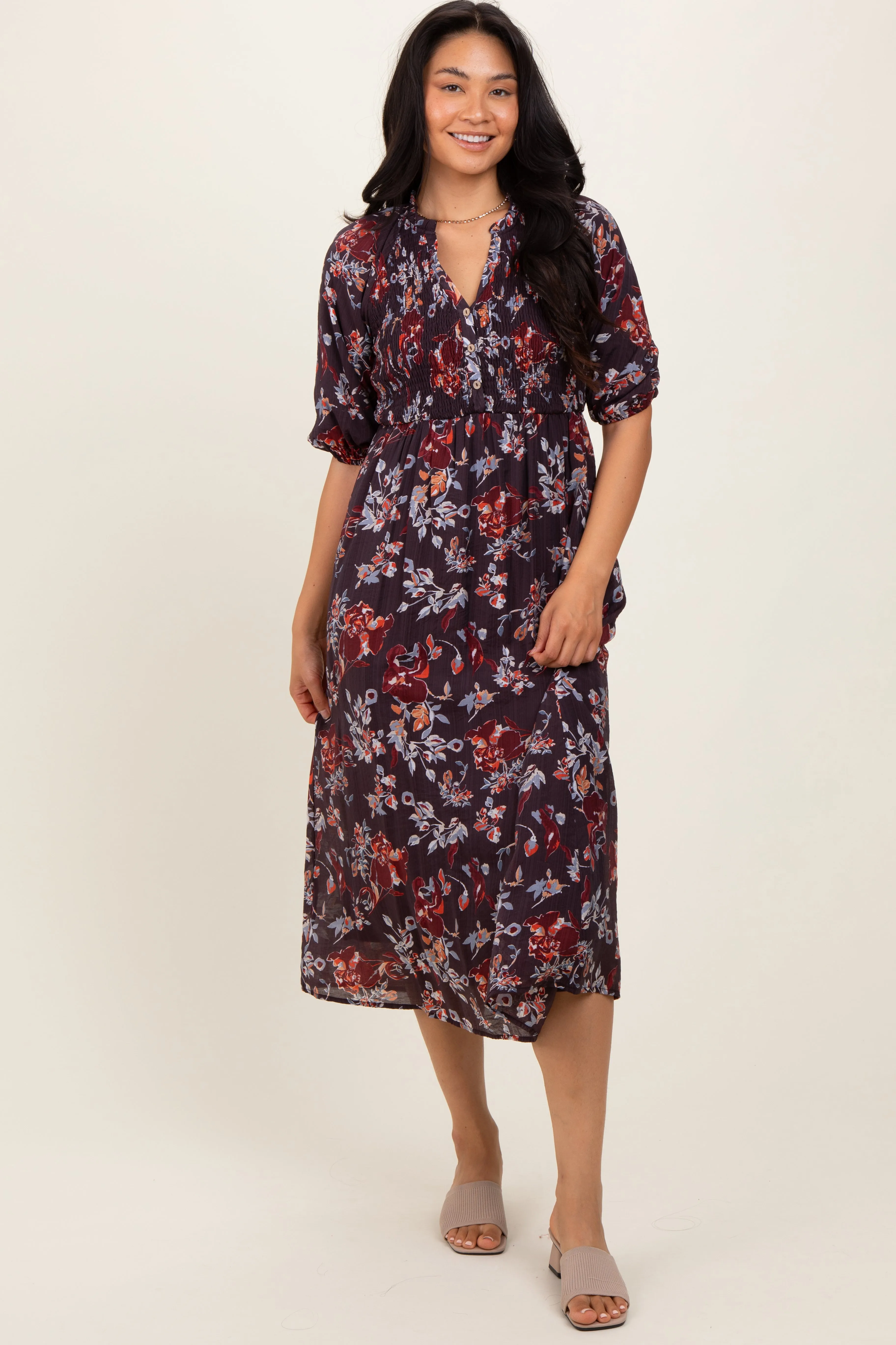 Brown Floral Smocked Button Down Midi Dress sold by Pinkblush product image thumbnail 2