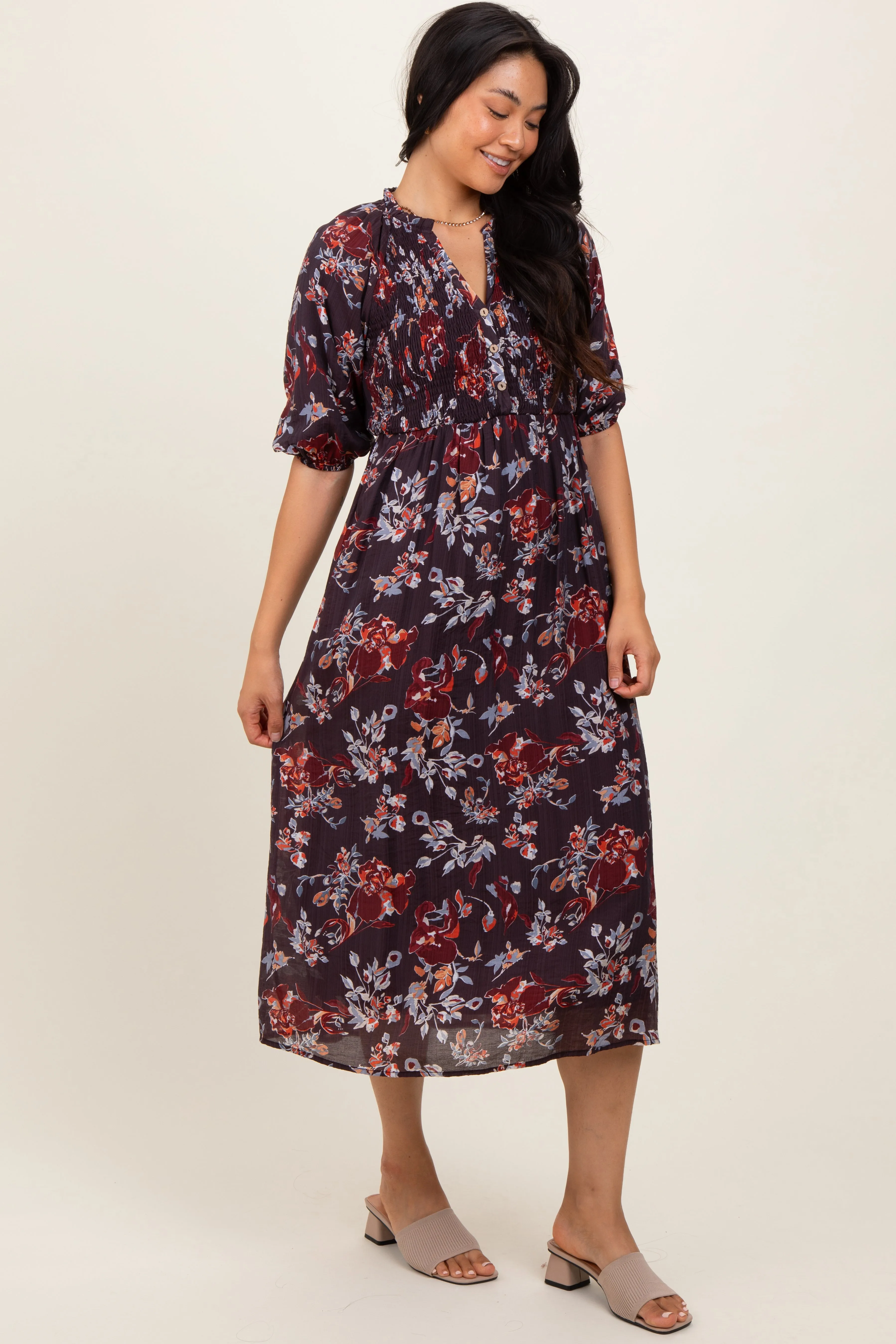 Brown Floral Smocked Button Down Midi Dress sold by Pinkblush product image thumbnail 3