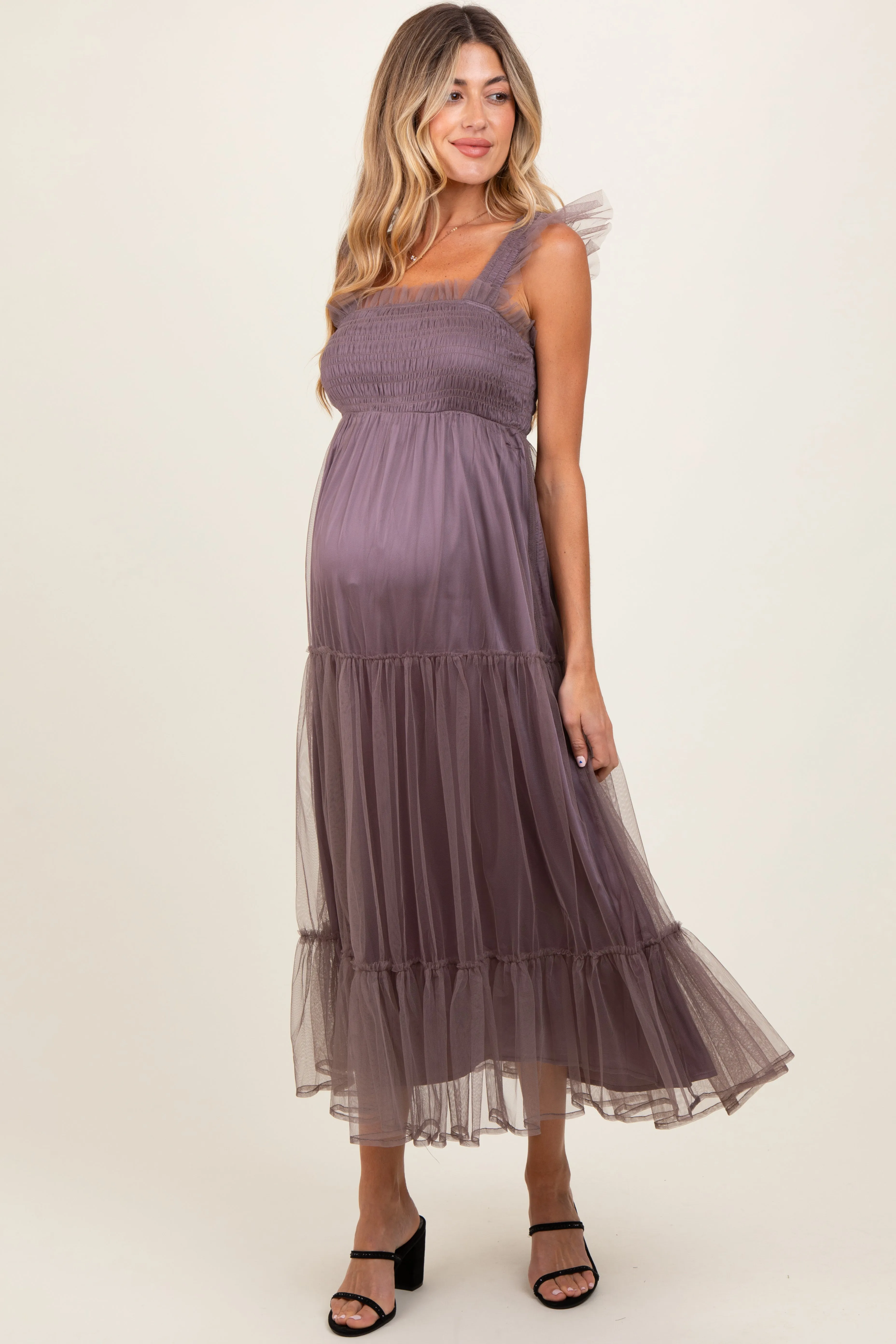 Mauve Mesh Overlay Smocked Maternity Midi Dress sold by Pinkblush product image thumbnail 2