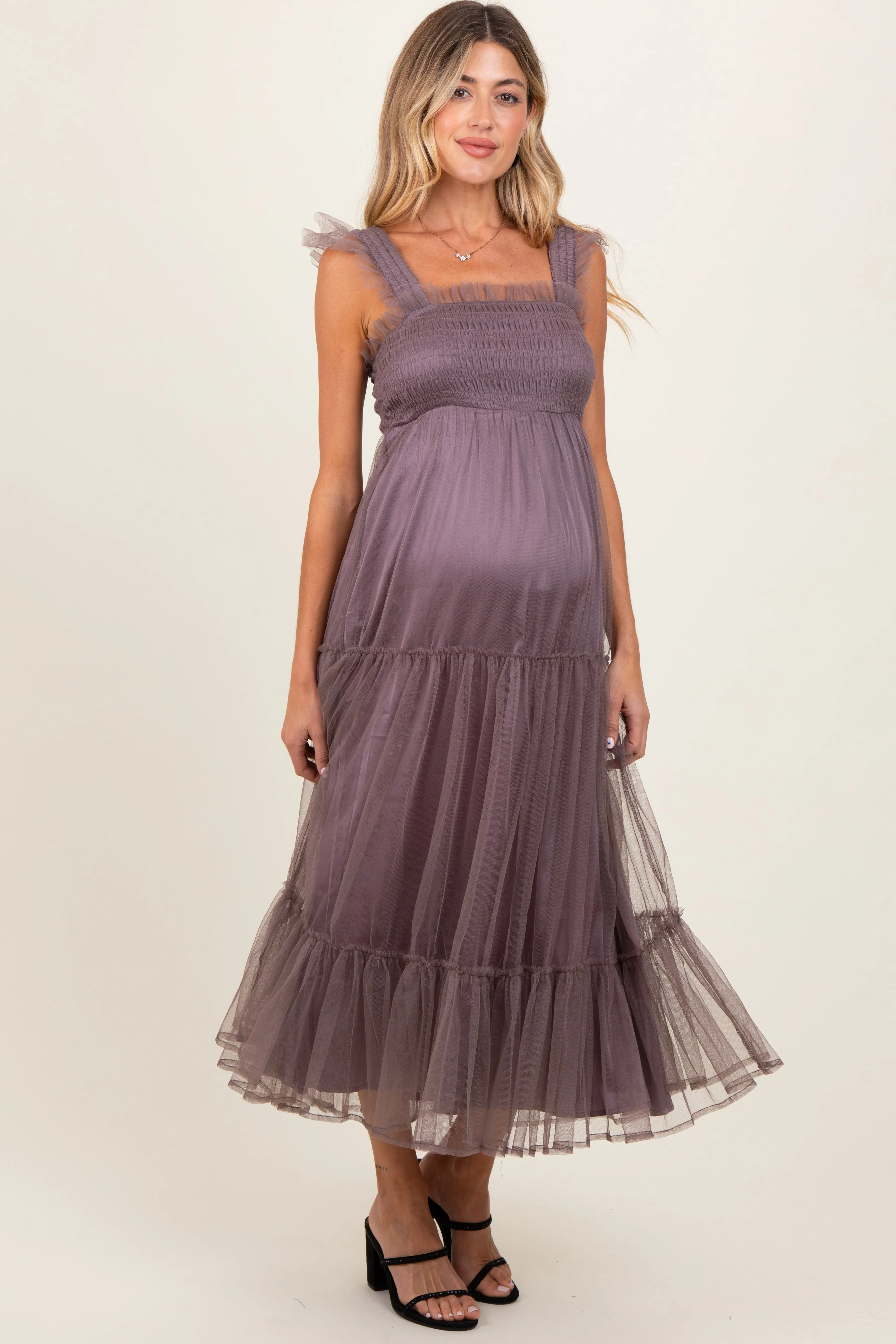 Mauve Mesh Overlay Smocked Maternity Midi Dress sold by Pinkblush product image thumbnail 3