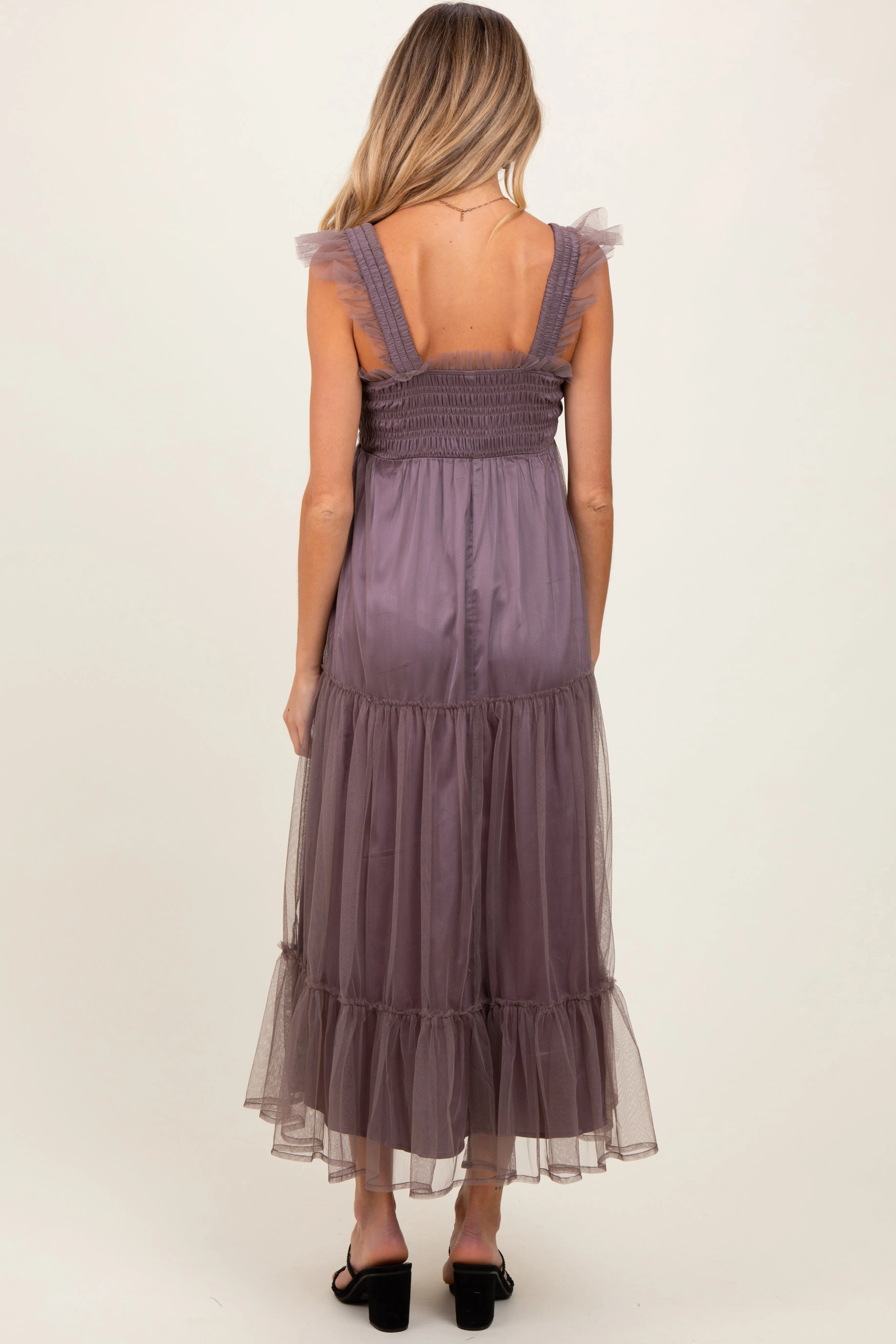 Mauve Mesh Overlay Smocked Maternity Midi Dress sold by Pinkblush product image thumbnail 4