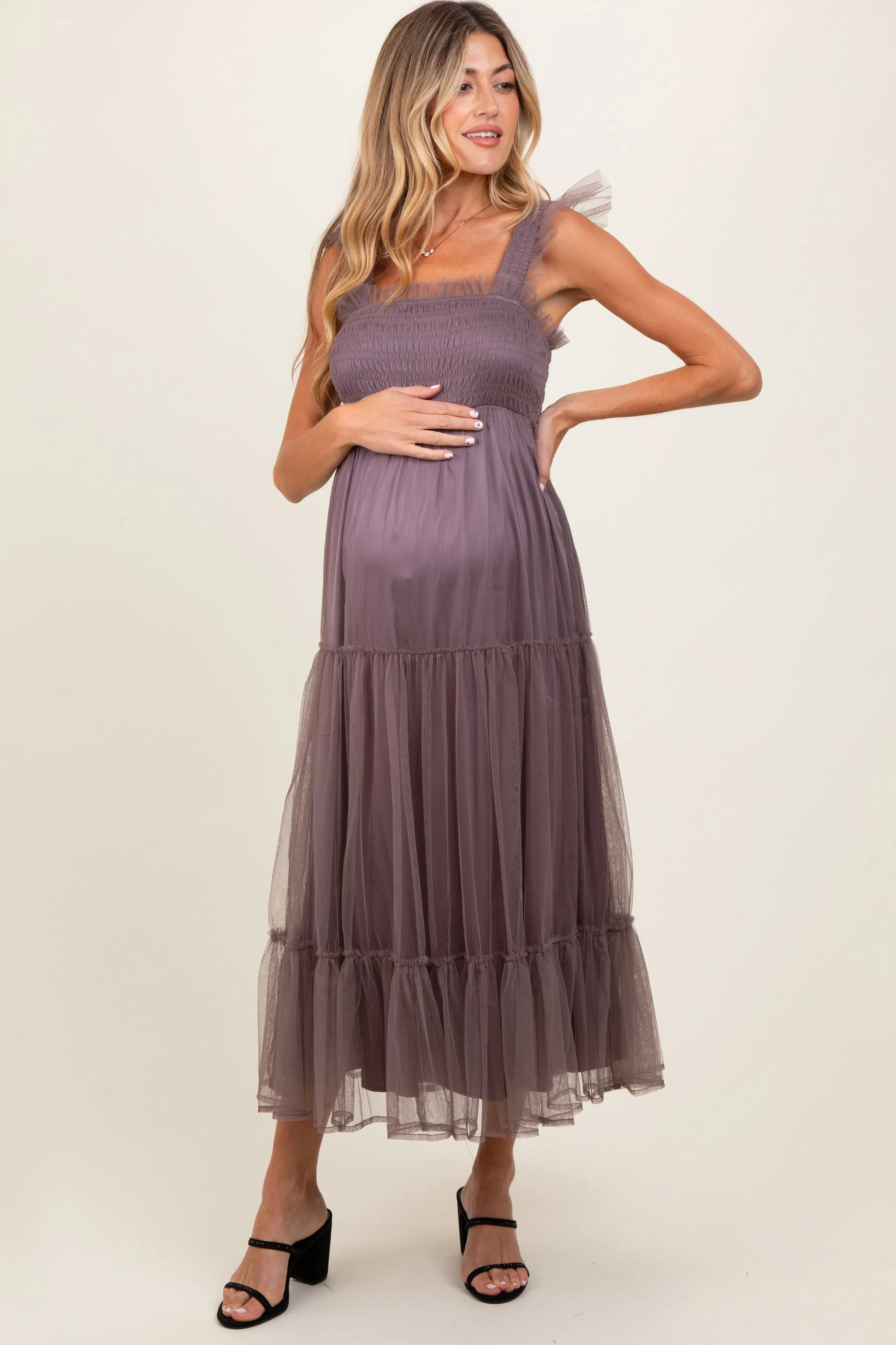 Mauve Mesh Overlay Smocked Maternity Midi Dress sold by Pinkblush