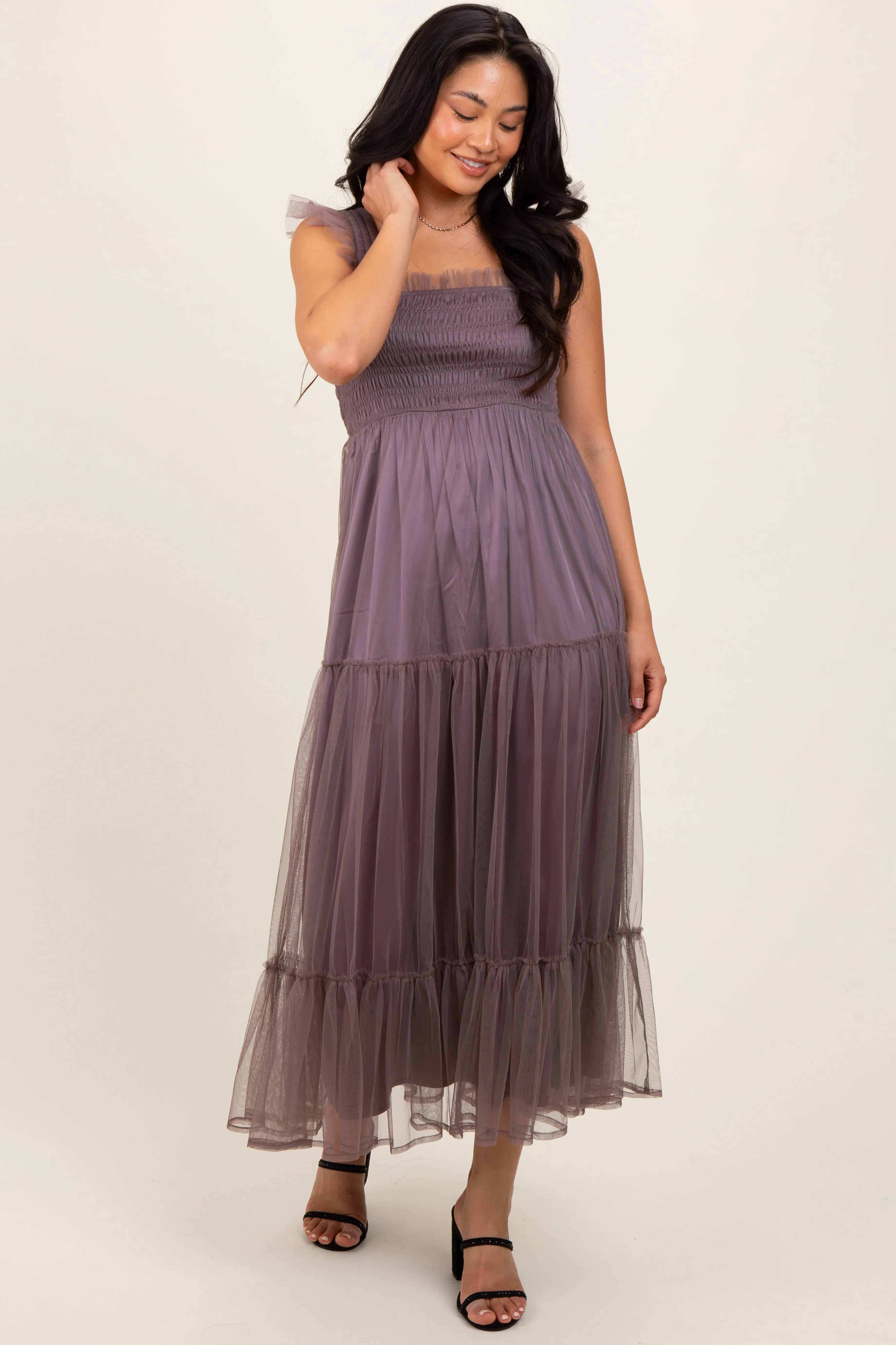Mauve Mesh Overlay Smocked Midi Dress sold by Pinkblush