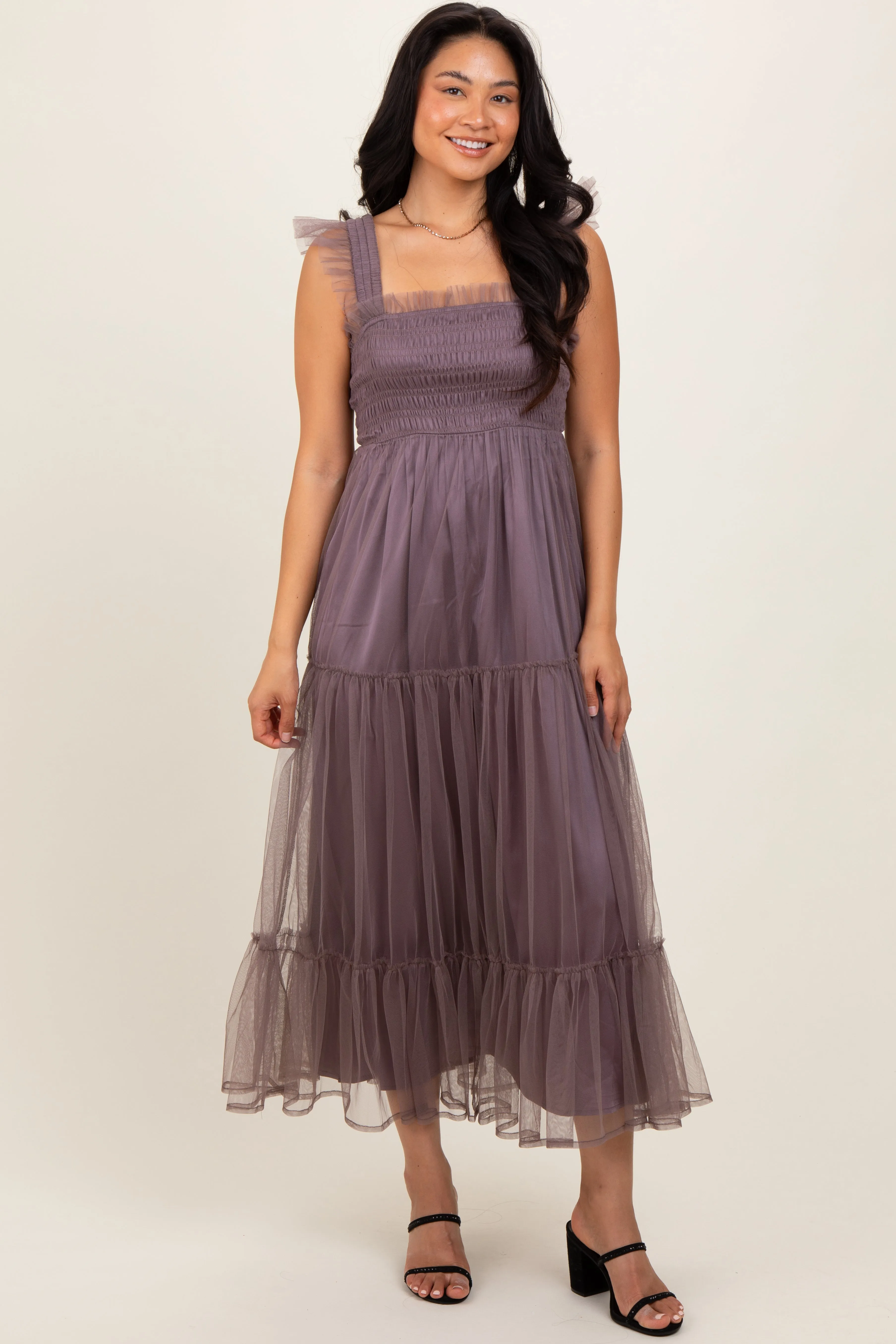 Mauve Mesh Overlay Smocked Midi Dress sold by Pinkblush product image thumbnail 2