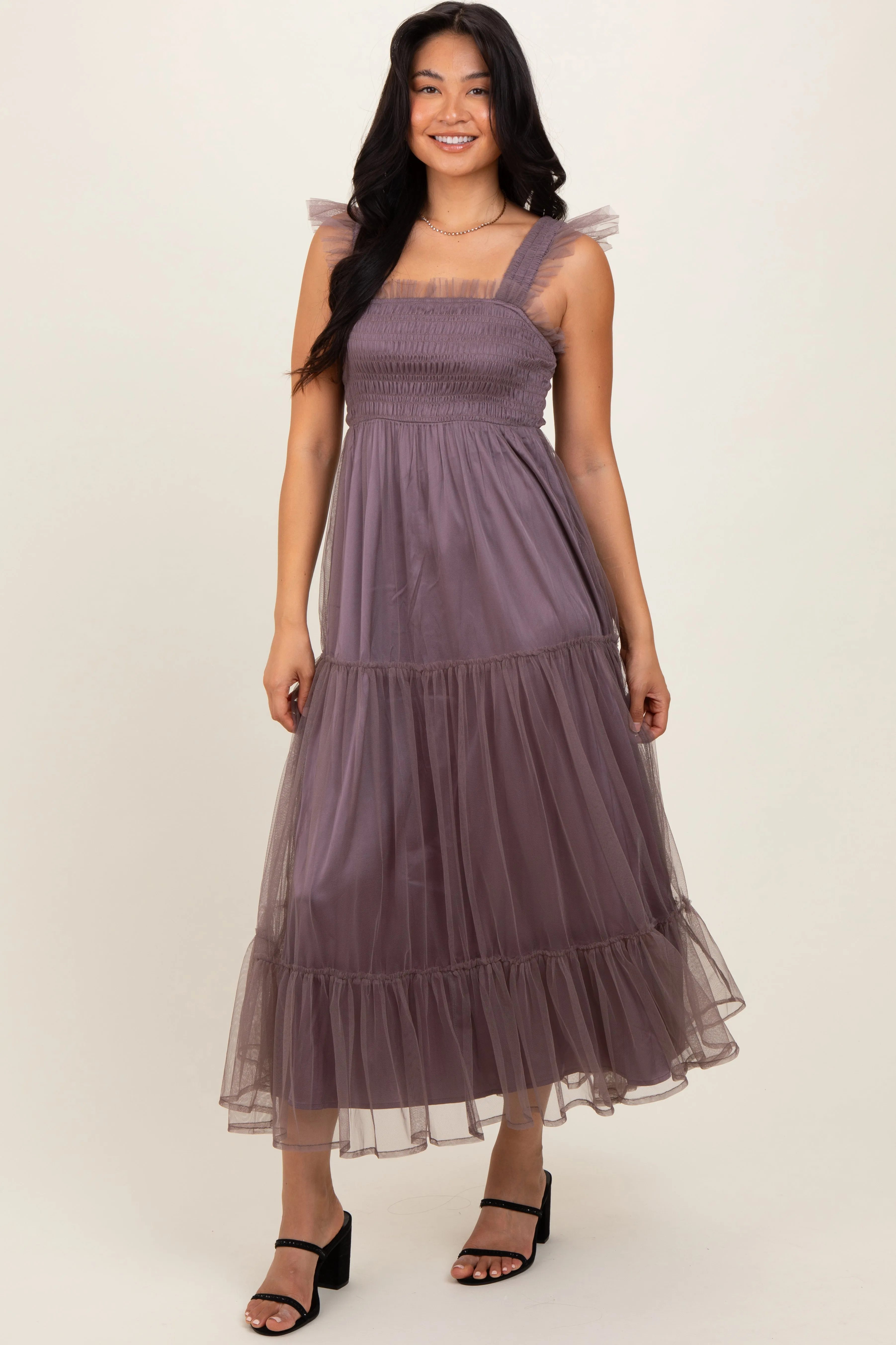Mauve Mesh Overlay Smocked Midi Dress sold by Pinkblush product image thumbnail 3