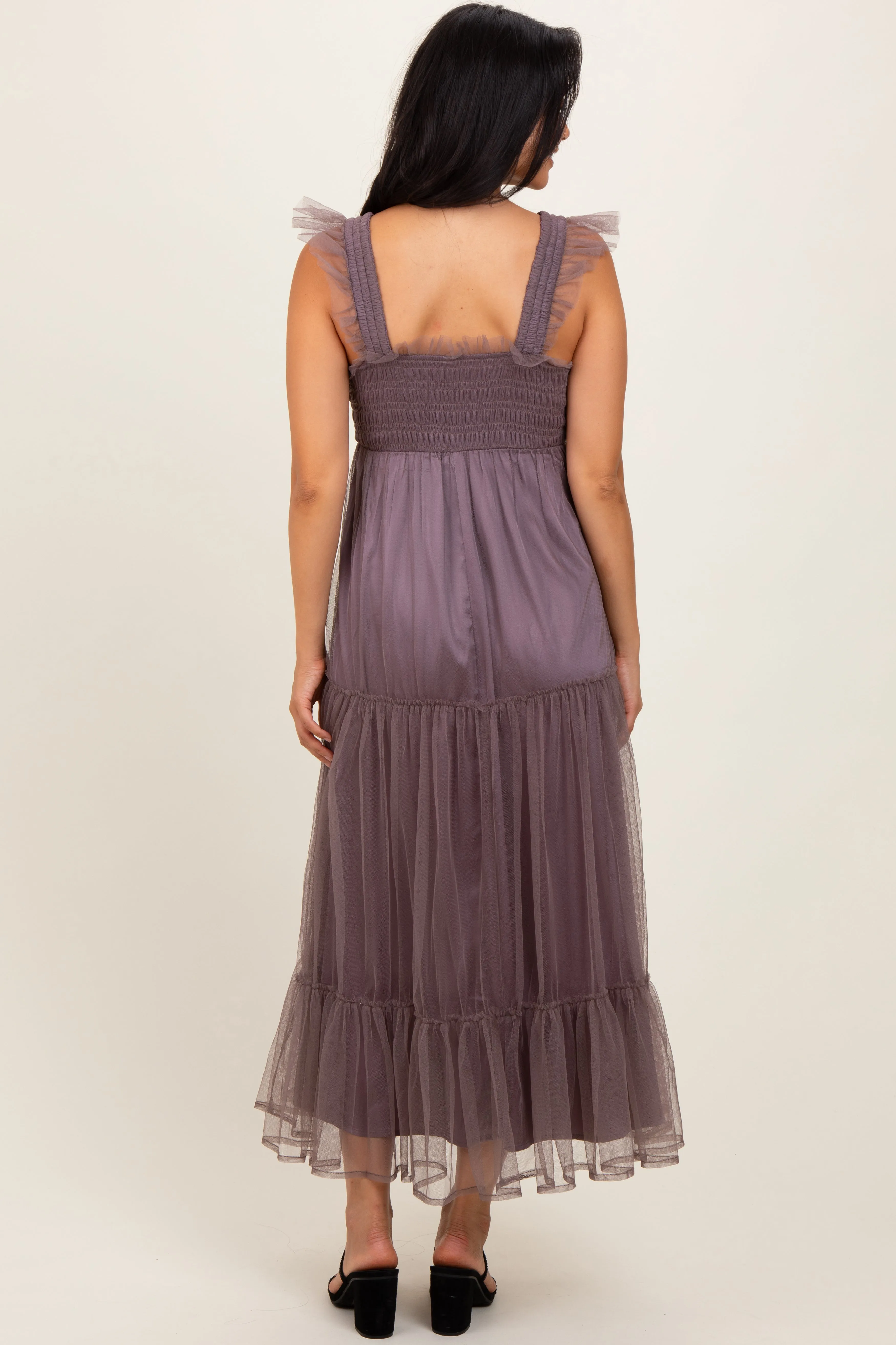Mauve Mesh Overlay Smocked Midi Dress sold by Pinkblush product image thumbnail 4