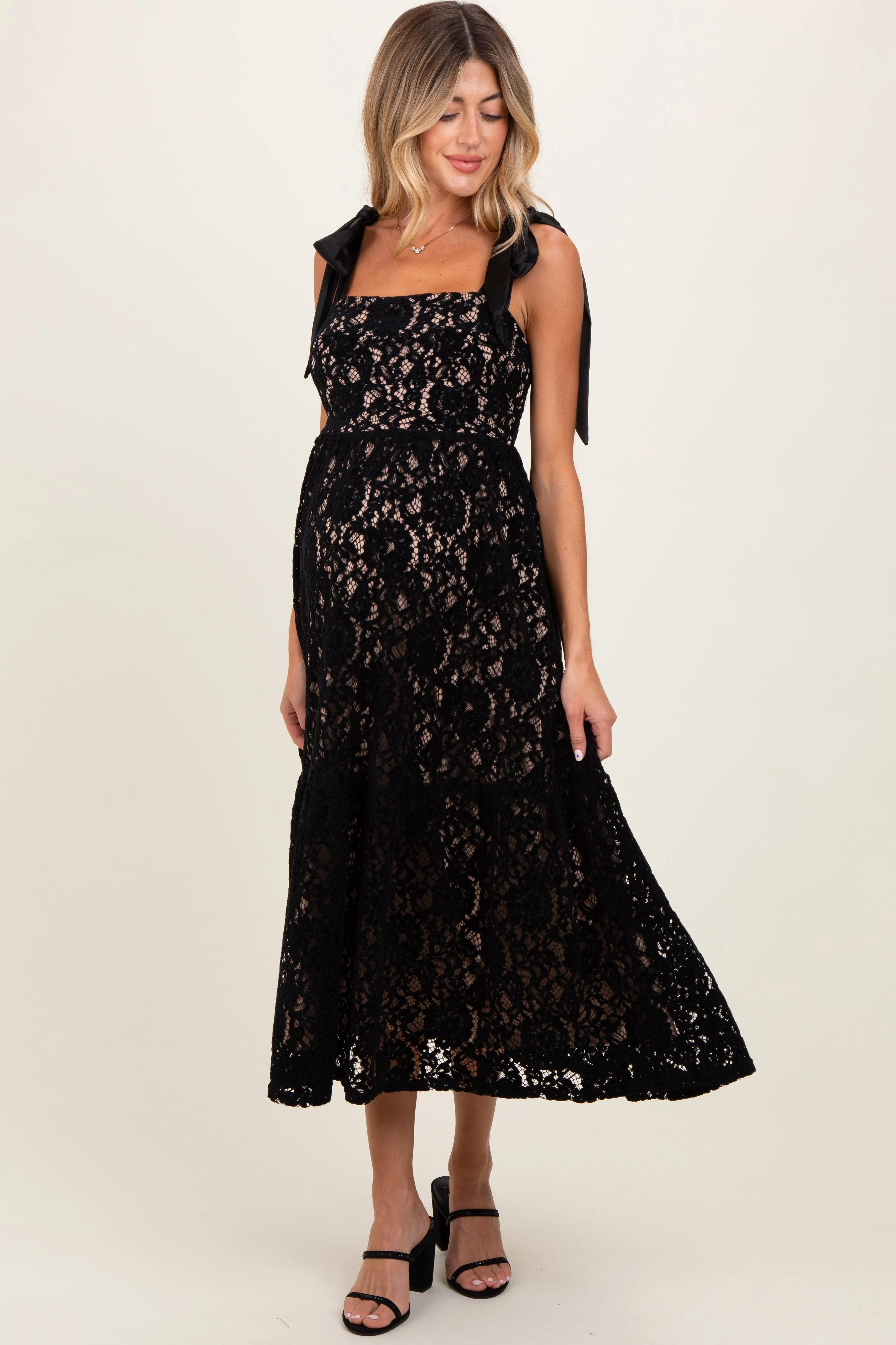 Black Velvet Lace Shoulder Bow Maternity Maxi Dress sold by Pinkblush product image thumbnail 2