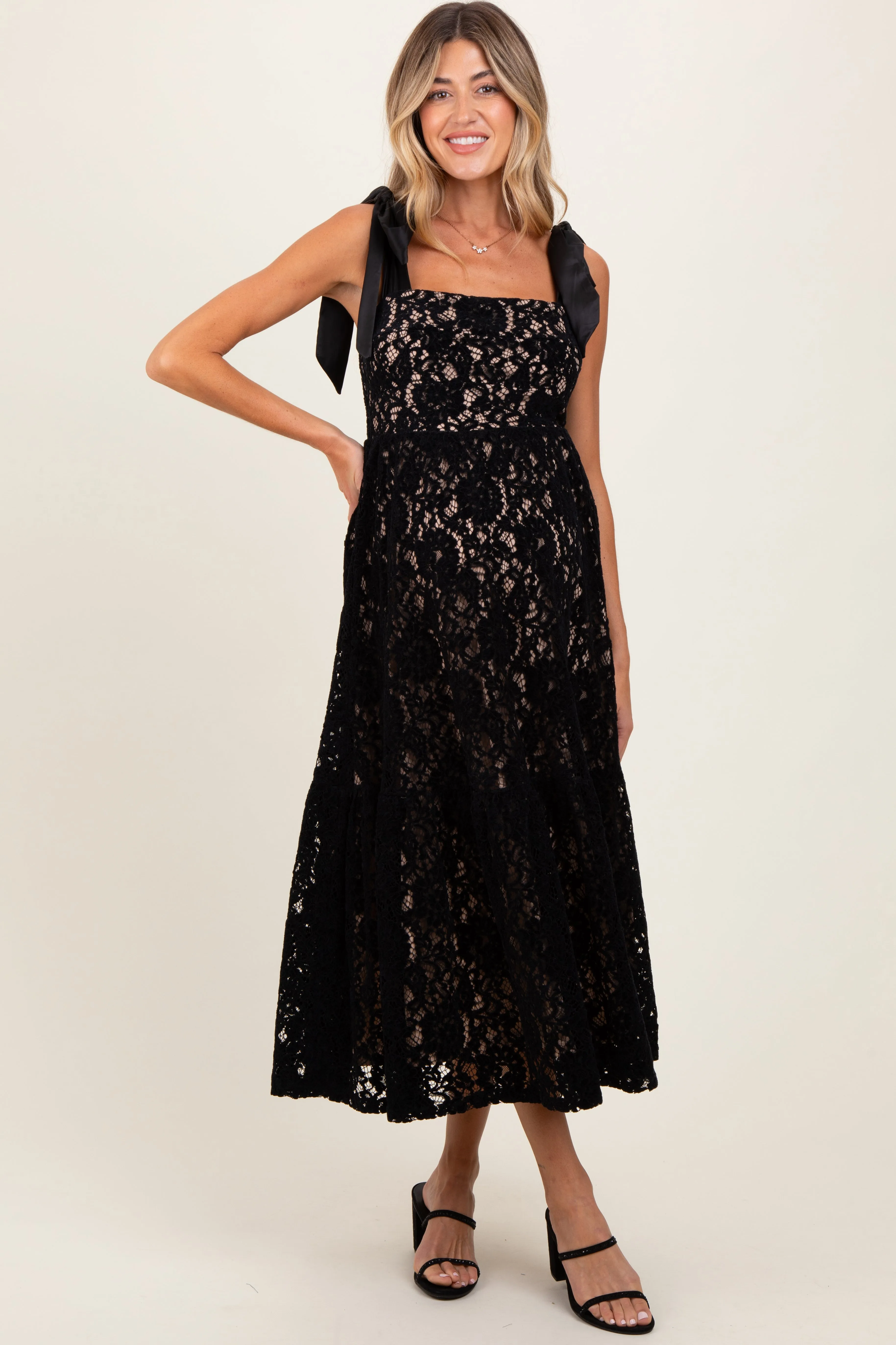 Black Velvet Lace Shoulder Bow Maternity Maxi Dress sold by Pinkblush