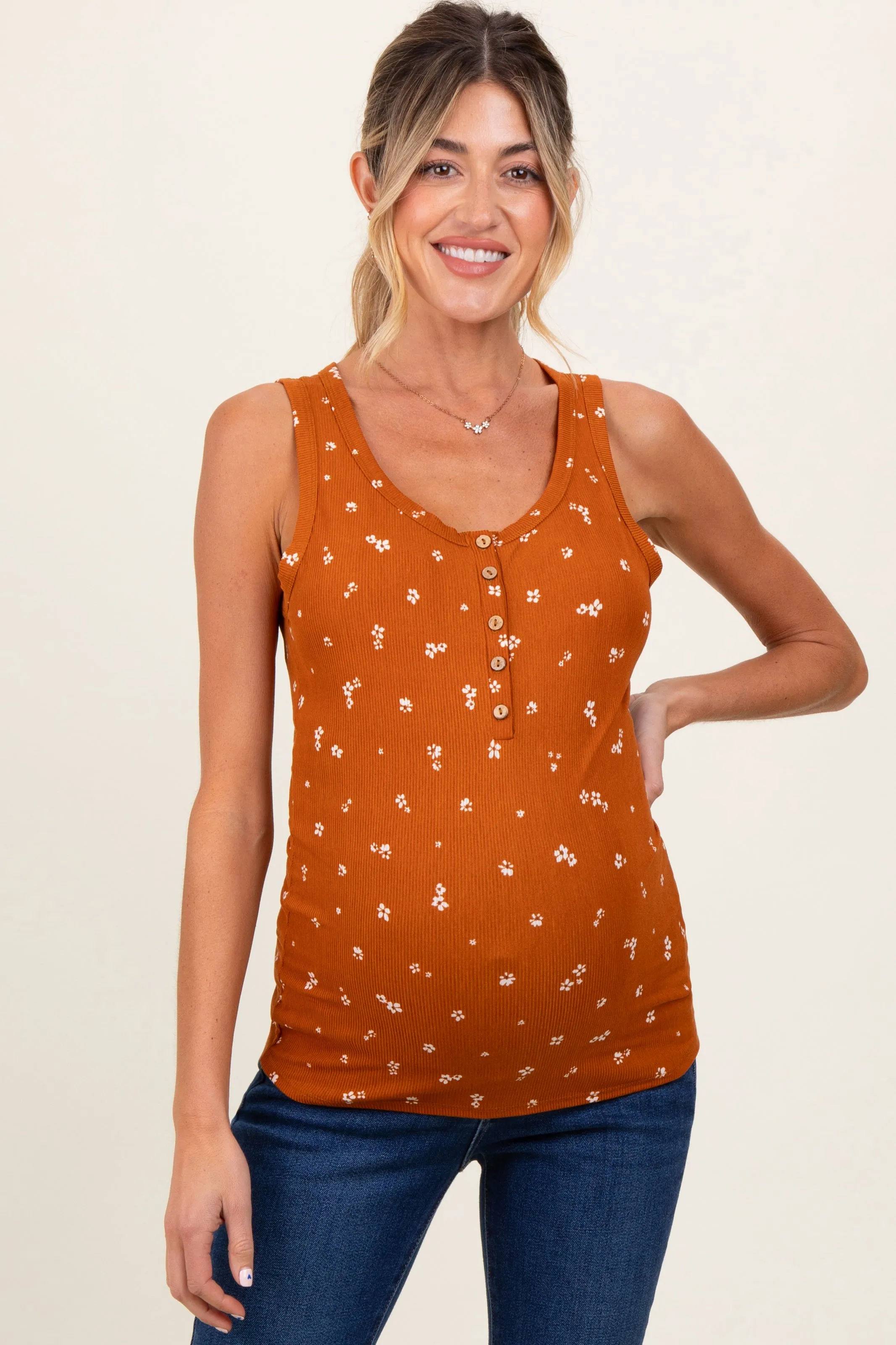 Rust Floral Print Ribbed Henley Sleeveless Maternity Top sold by Pinkblush product image thumbnail 2