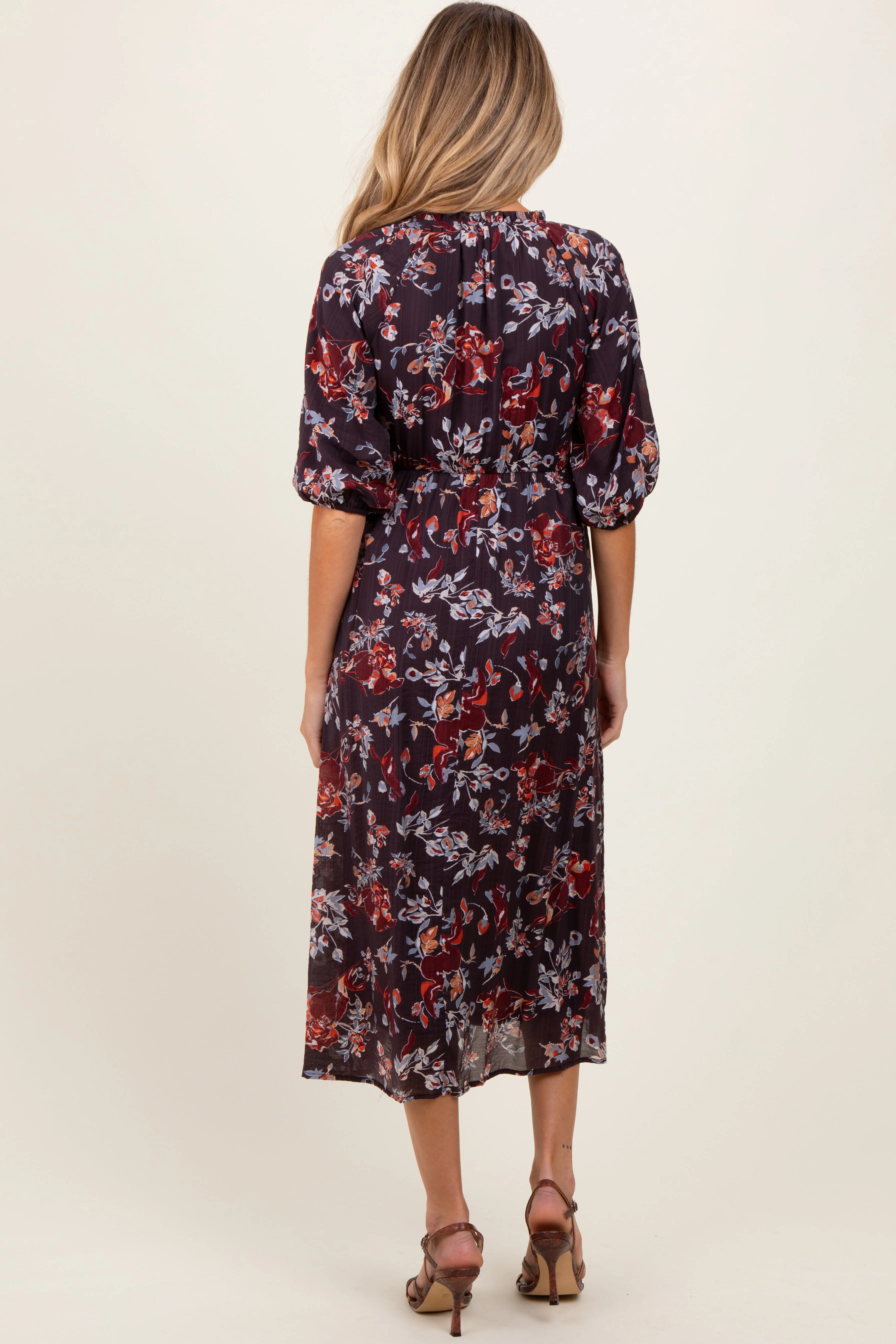 Brown Floral Smocked Button Down Maternity Midi Dress sold by Pinkblush product image thumbnail 3