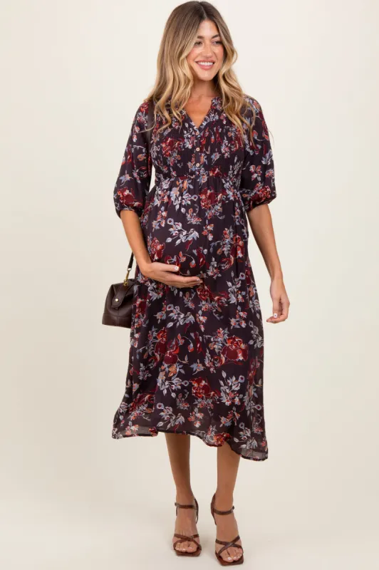 Brown Floral Smocked Button Down Maternity Midi Dress sold by Pinkblush
