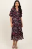 Brown Floral Smocked Button Down Maternity Midi Dress sold by Pinkblush