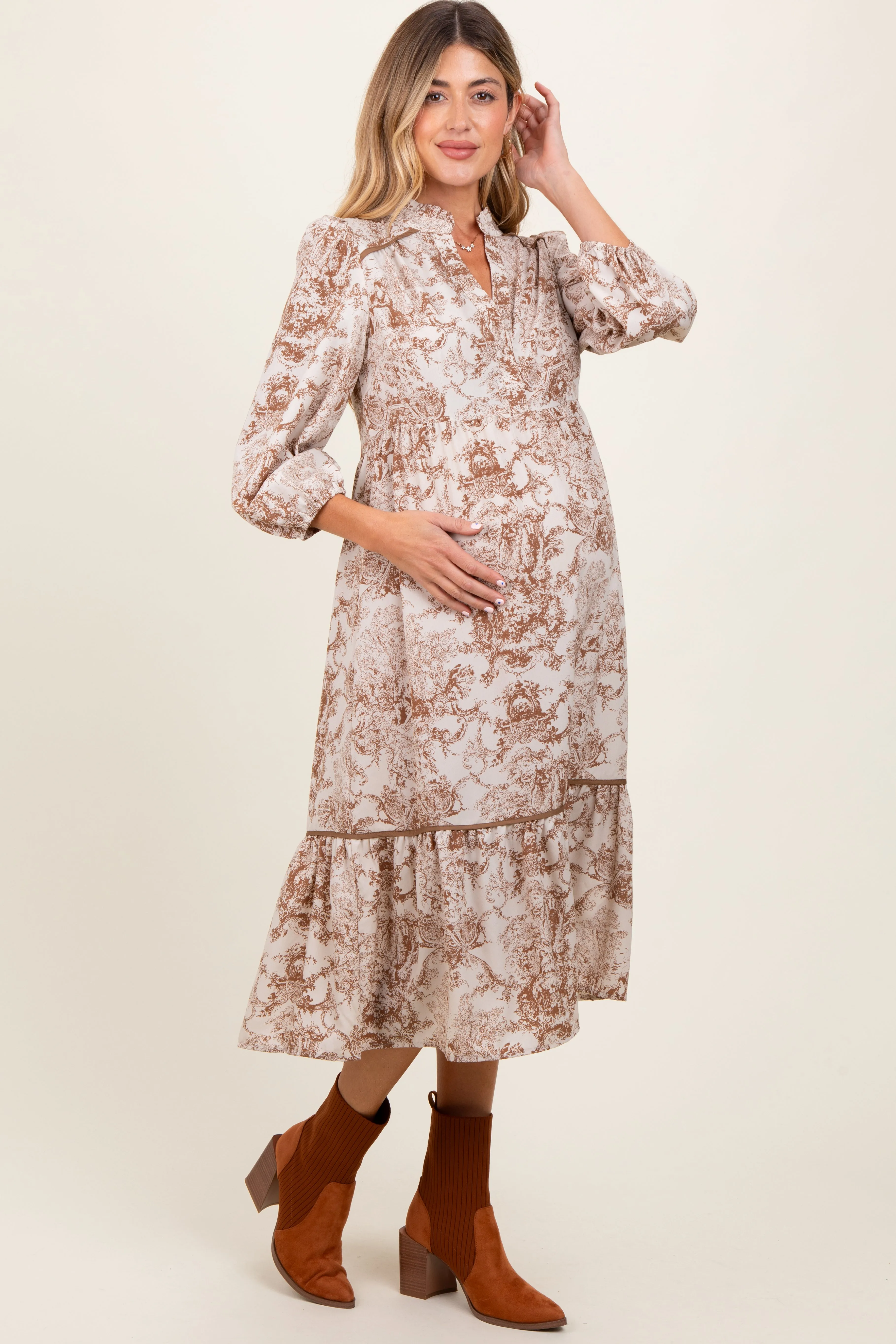 Brown Printed Split Ruffle Collar Maternity Midi Dress sold by Pinkblush product image thumbnail 3