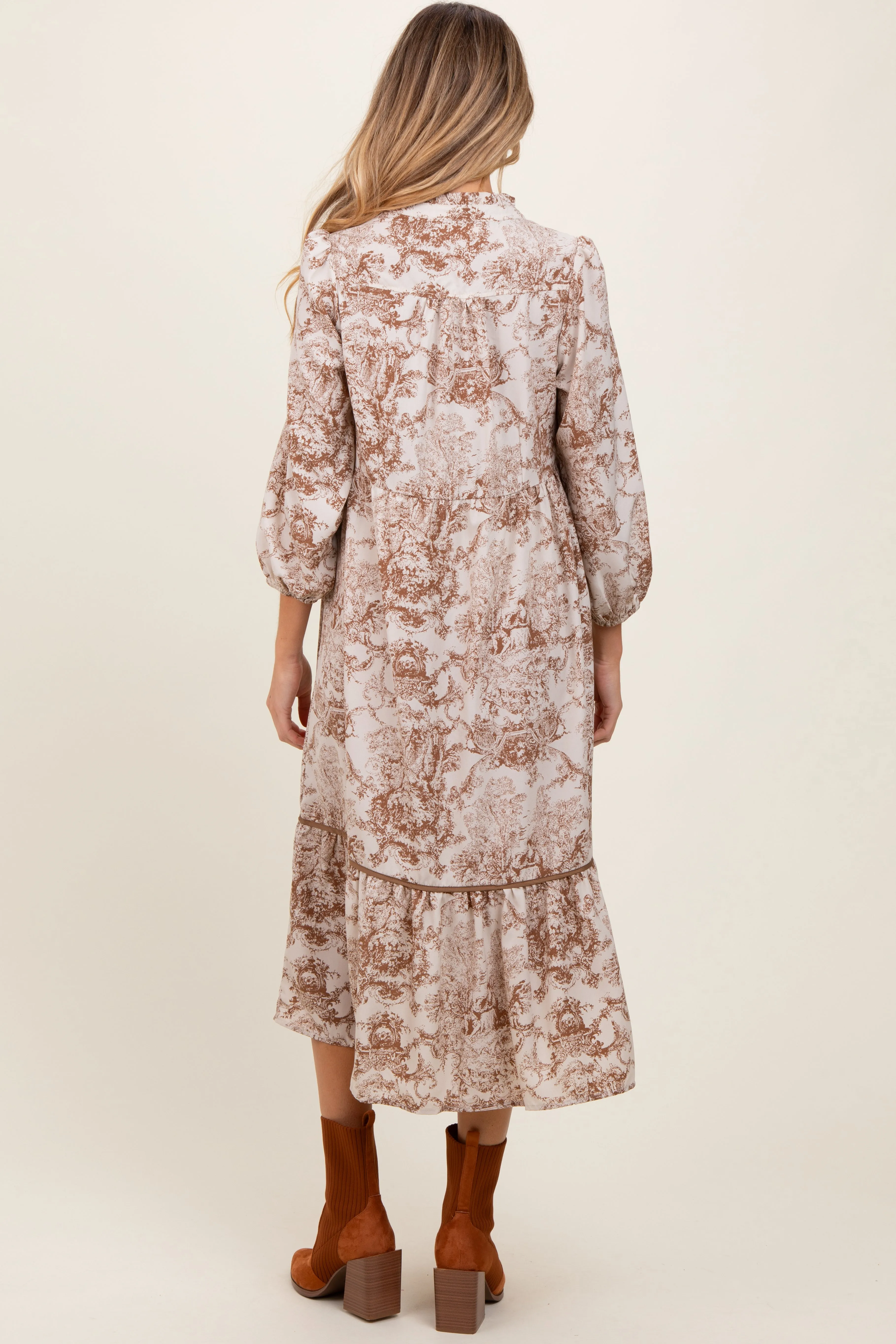 Brown Printed Split Ruffle Collar Maternity Midi Dress sold by Pinkblush product image thumbnail 4