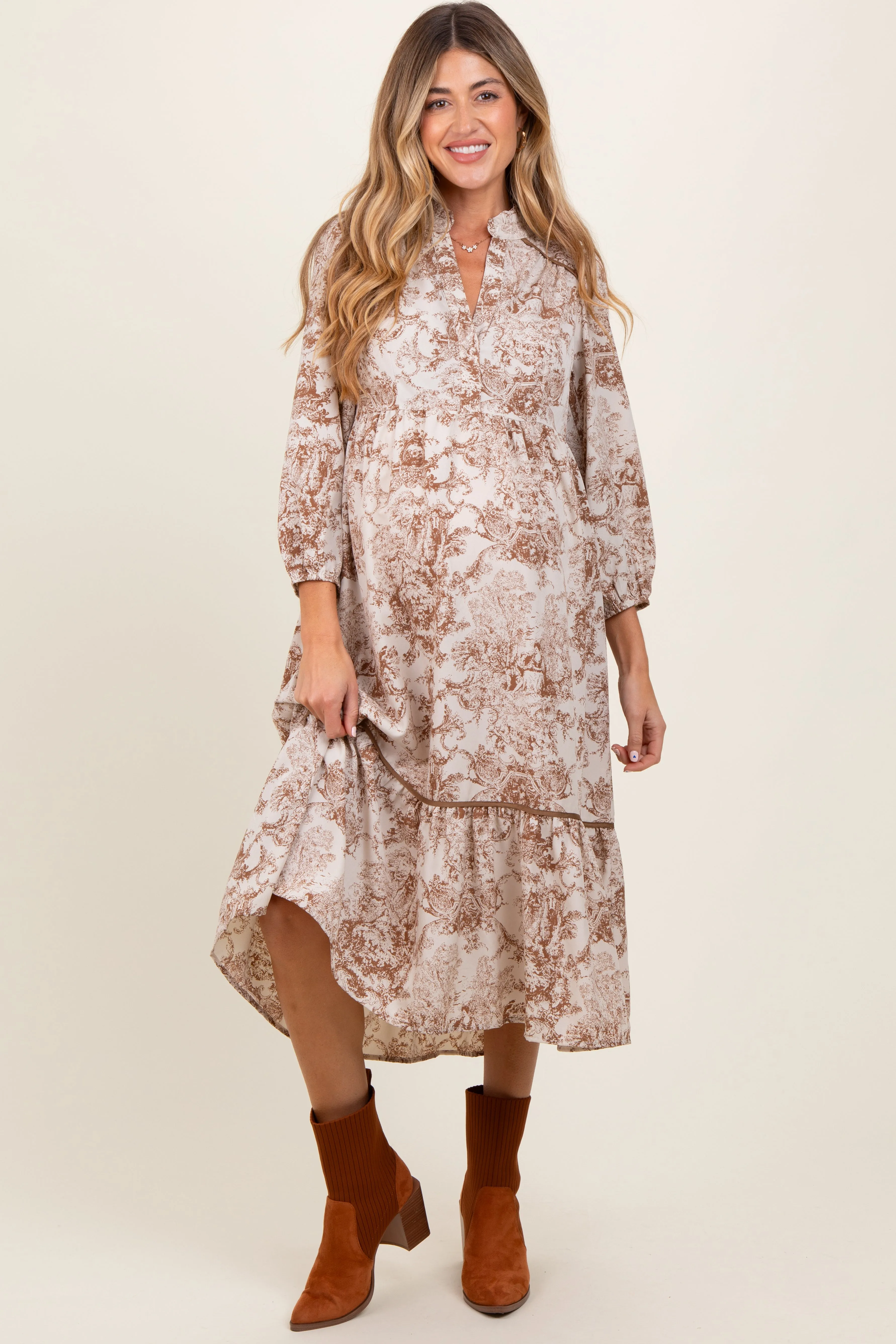 Brown Printed Split Ruffle Collar Maternity Midi Dress sold by Pinkblush