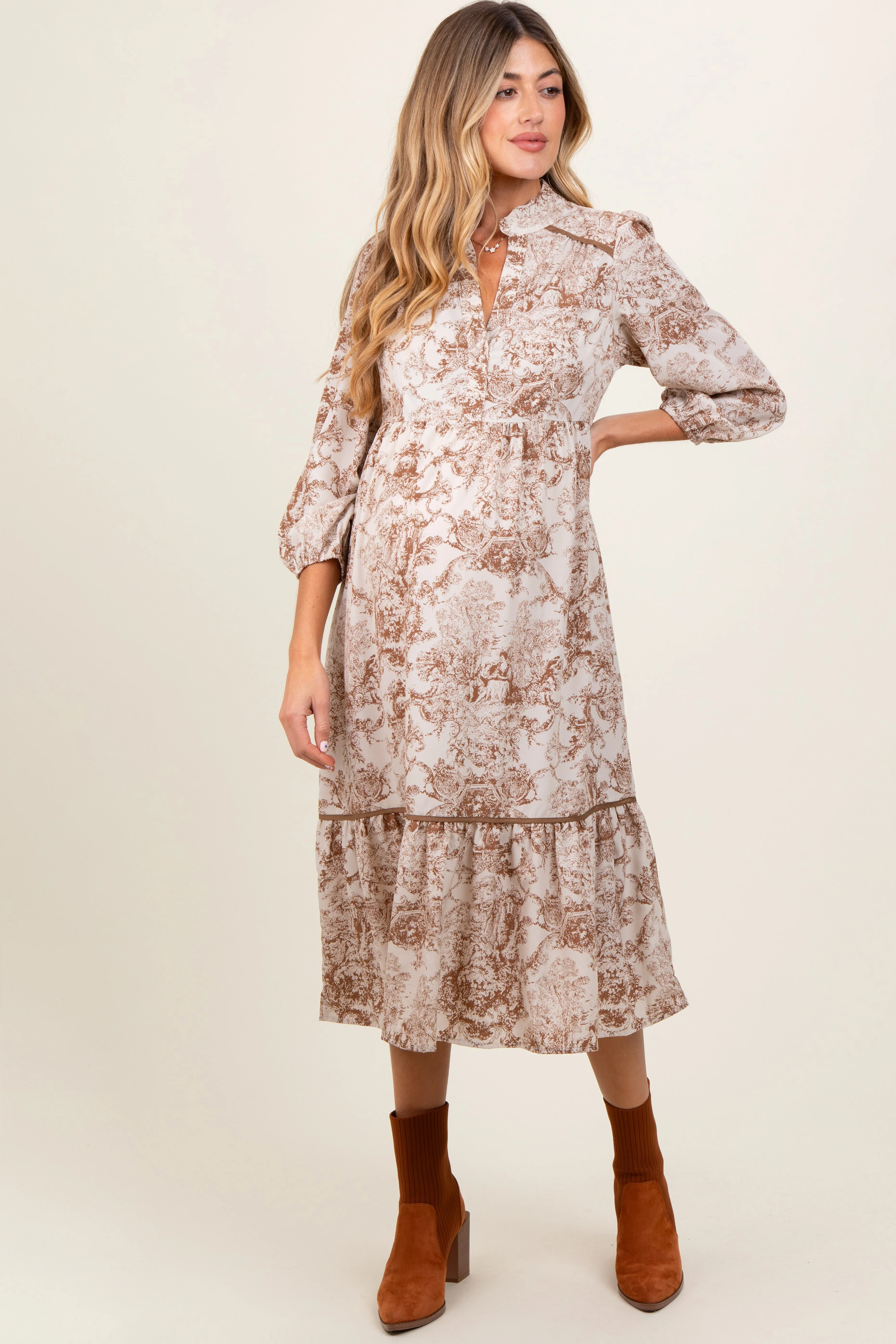 Brown Printed Split Ruffle Collar Maternity Midi Dress sold by Pinkblush product image thumbnail 2