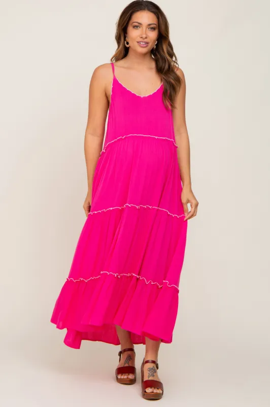 Fuchsia Scalloped Neck Tiered Maternity Maxi Dress sold by Pinkblush
