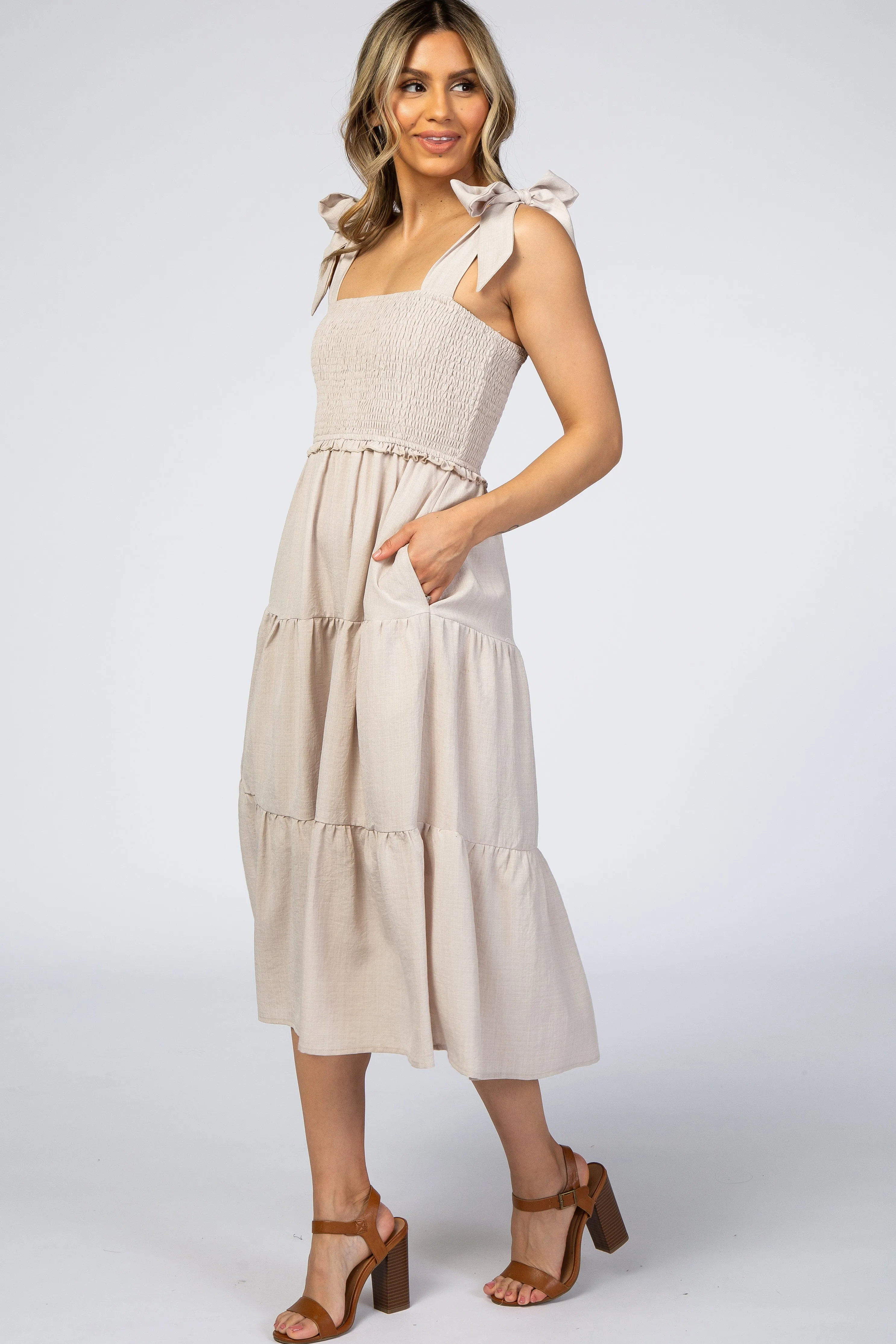 Beige Bow Strap Tiered Midi Dress sold by Pinkblush product image thumbnail 2