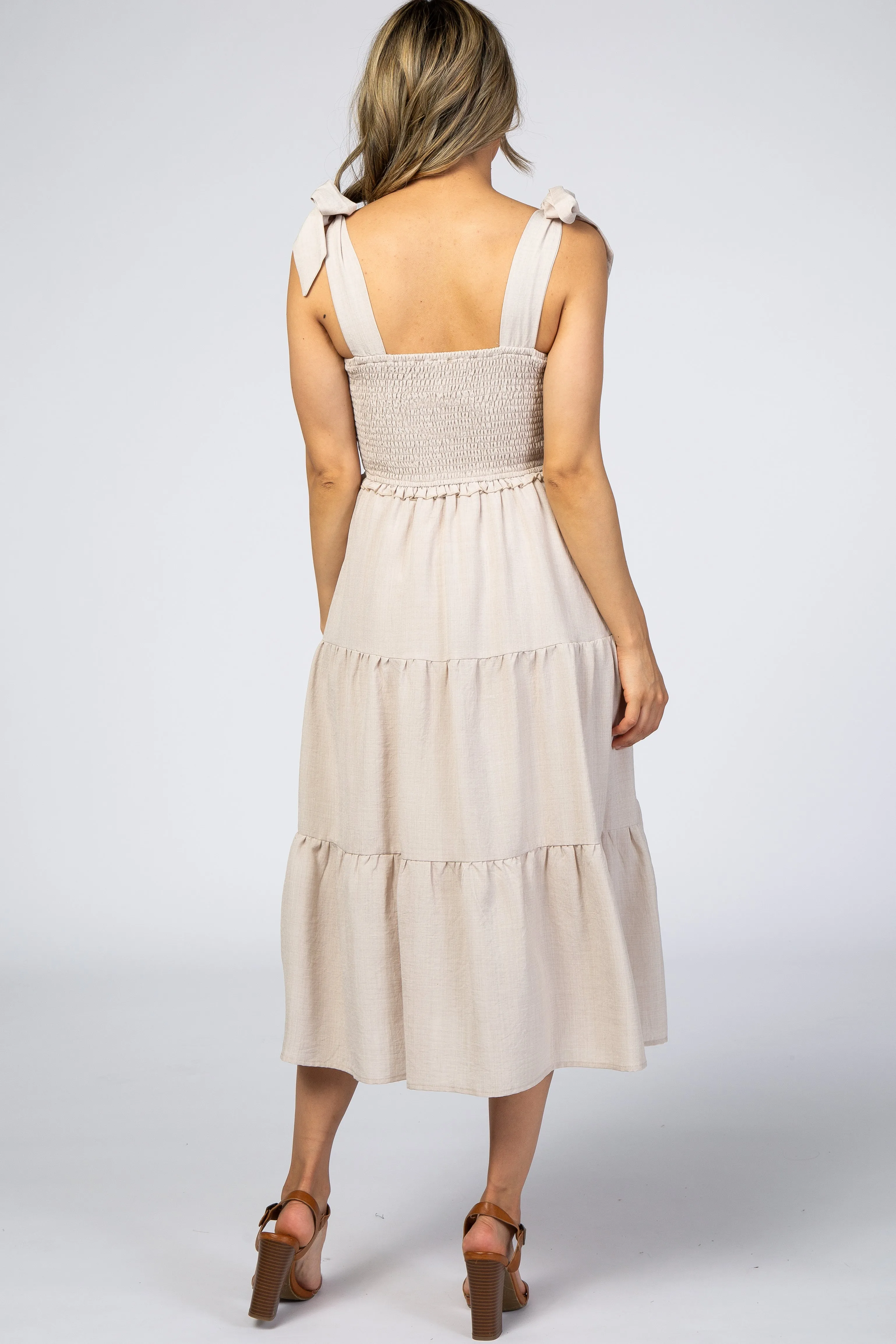Beige Bow Strap Tiered Midi Dress sold by Pinkblush product image thumbnail 3
