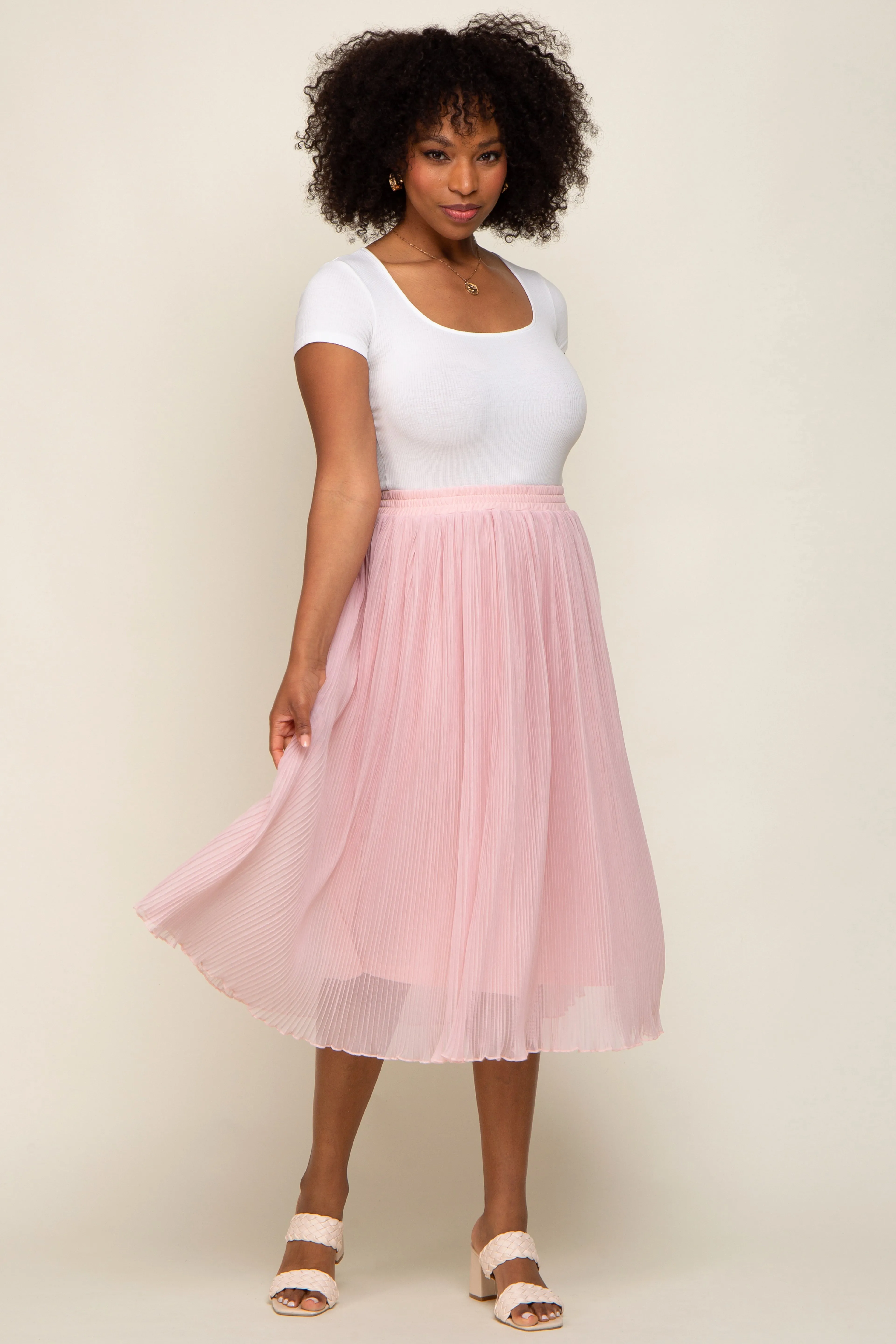 Pink Pleated Midi Skirt sold by Pinkblush