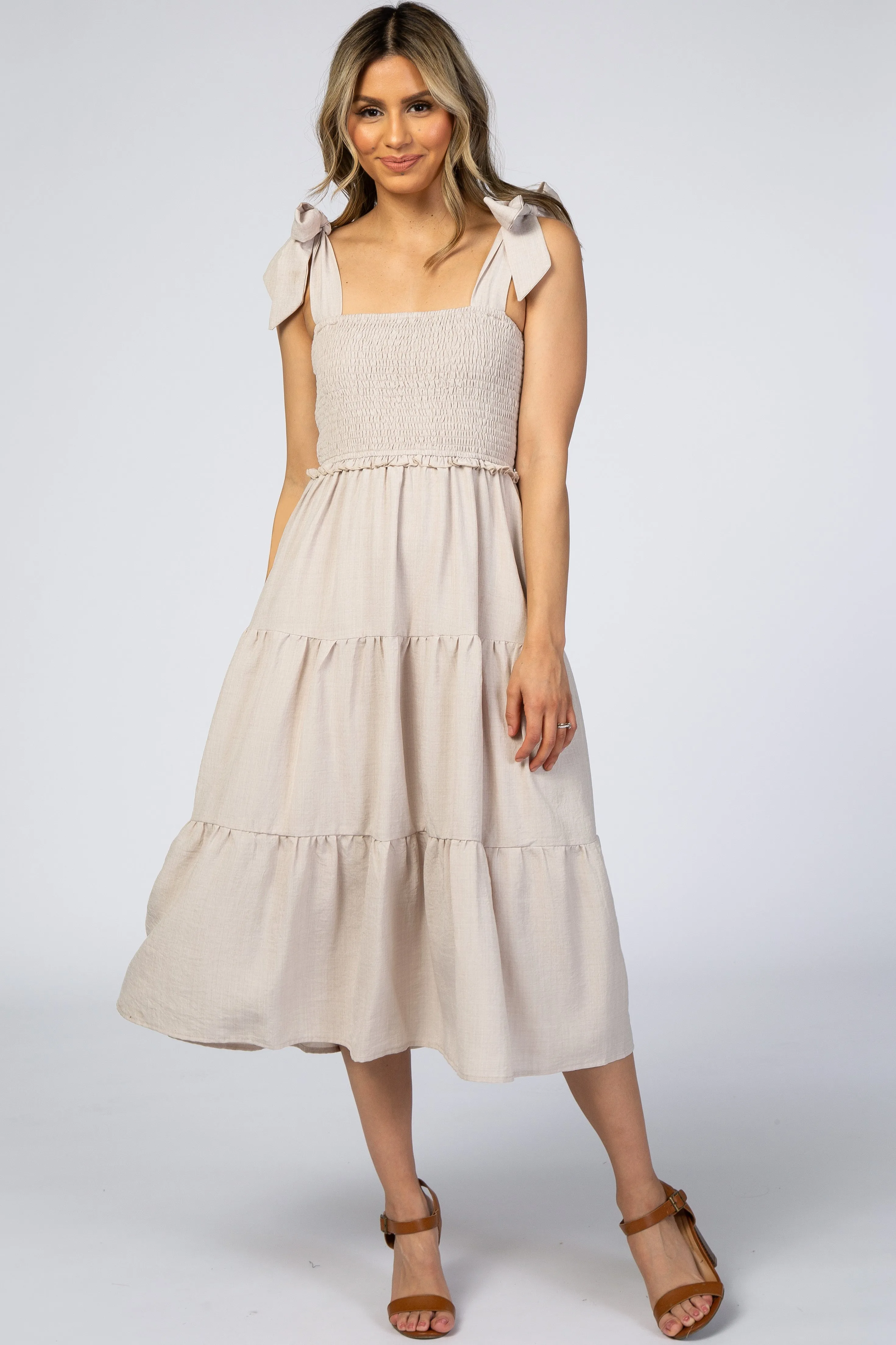 Beige Bow Strap Tiered Midi Dress sold by Pinkblush
