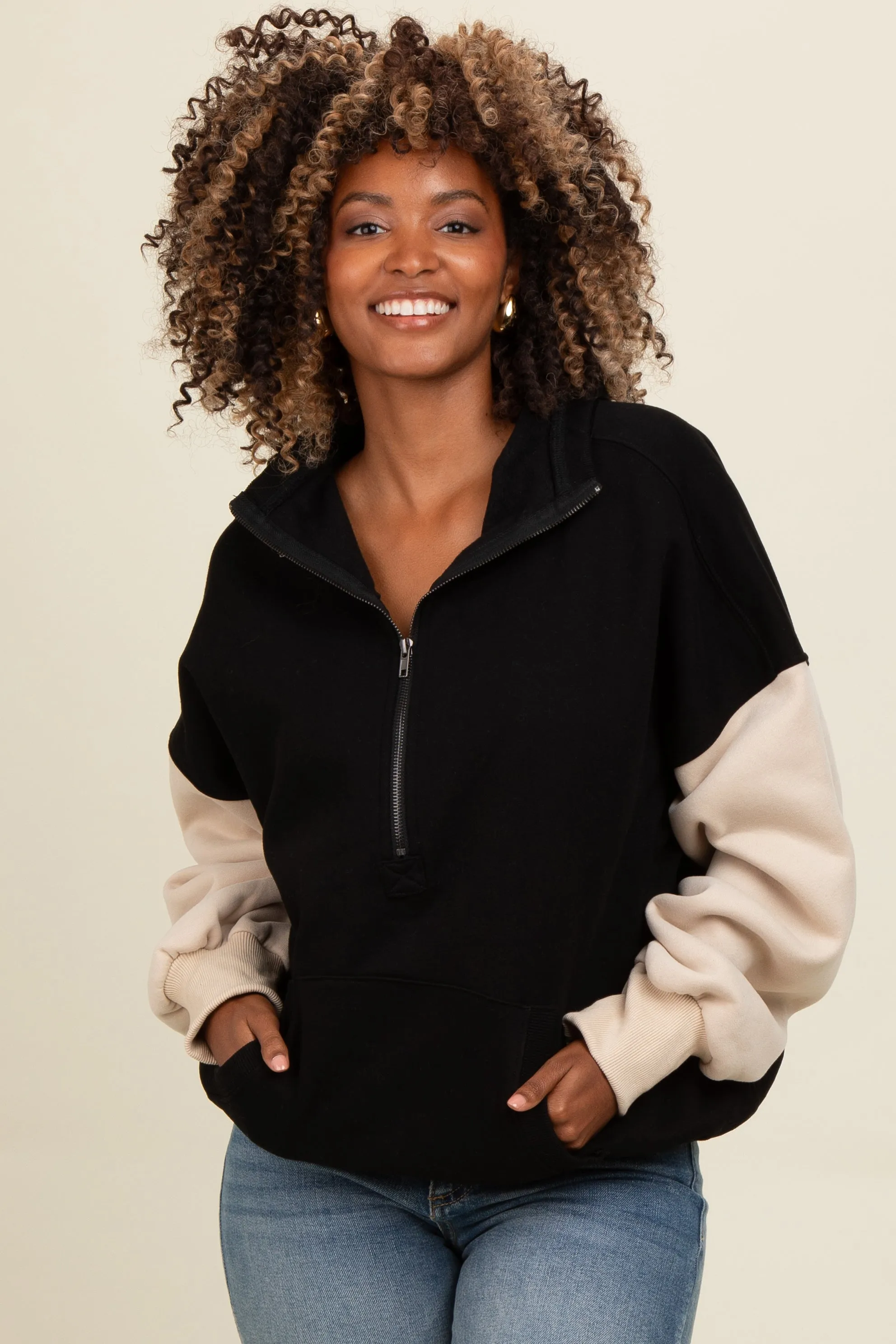 Black Colorblock Half Zip Hoodie sold by Pinkblush
