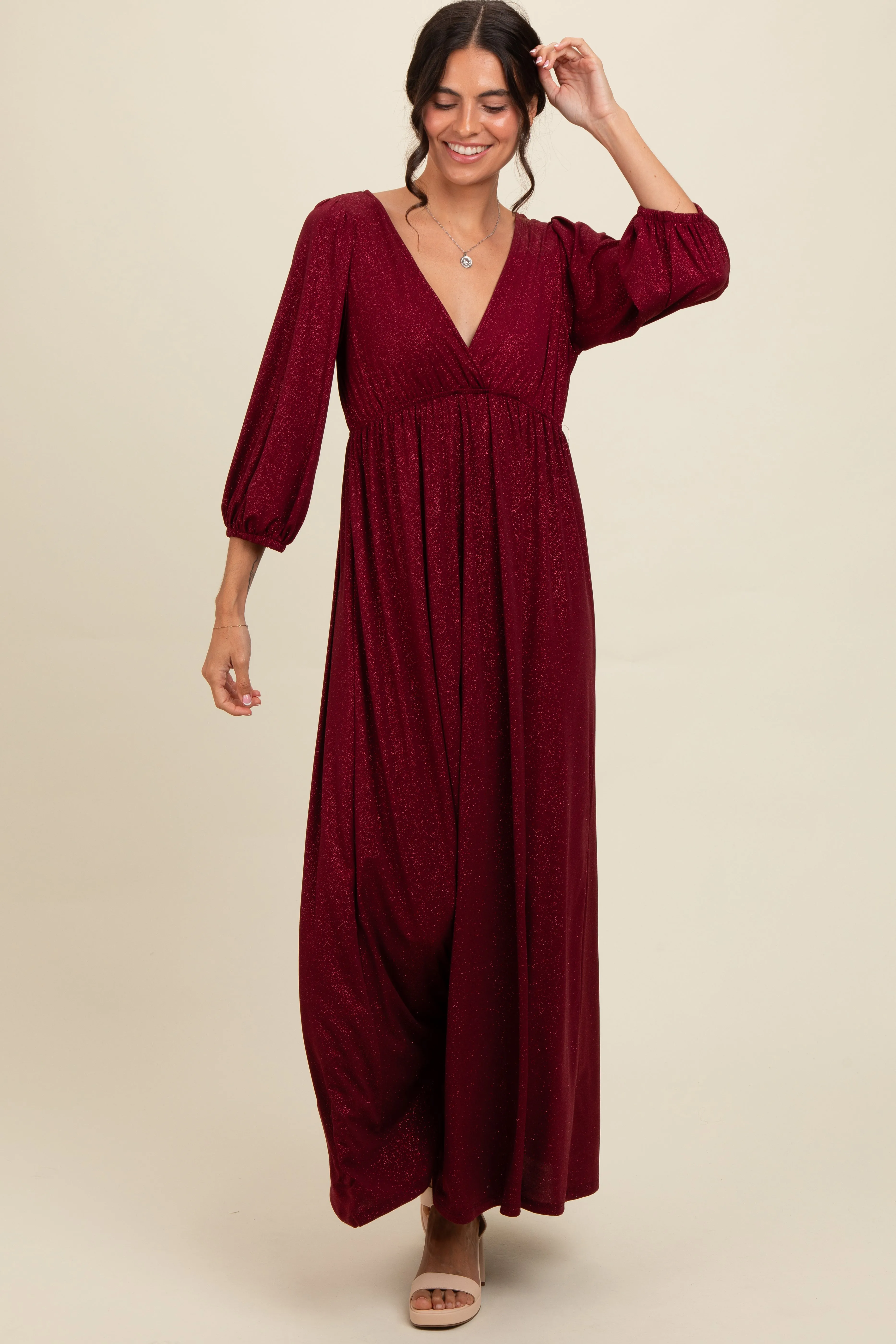 Burgundy Glitter V-Neck Maxi Dress sold by Pinkblush product image thumbnail 2