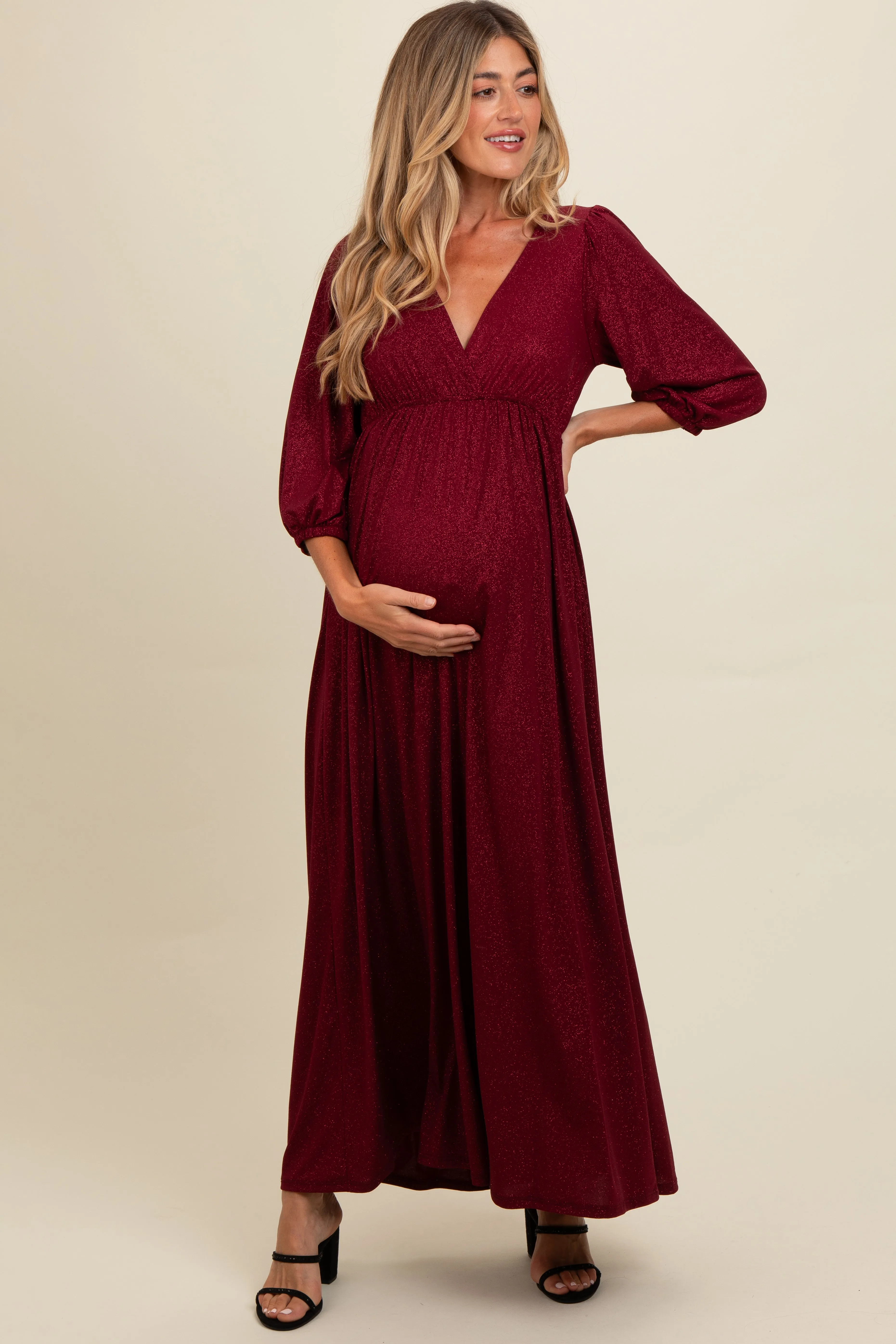 Burgundy Glitter V-Neck Maternity Maxi Dress sold by Pinkblush