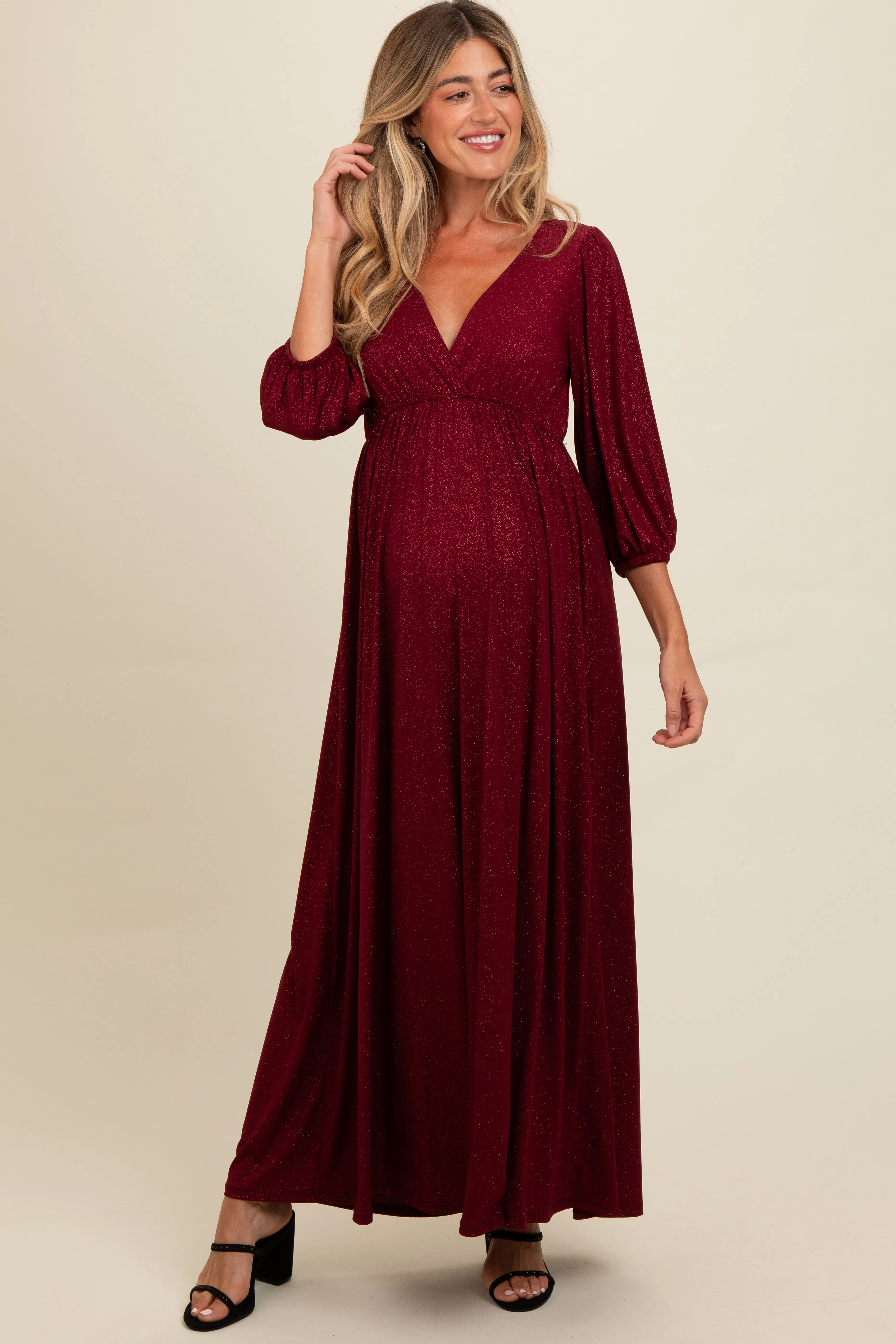 Burgundy Glitter V-Neck Maternity Maxi Dress sold by Pinkblush product image thumbnail 2