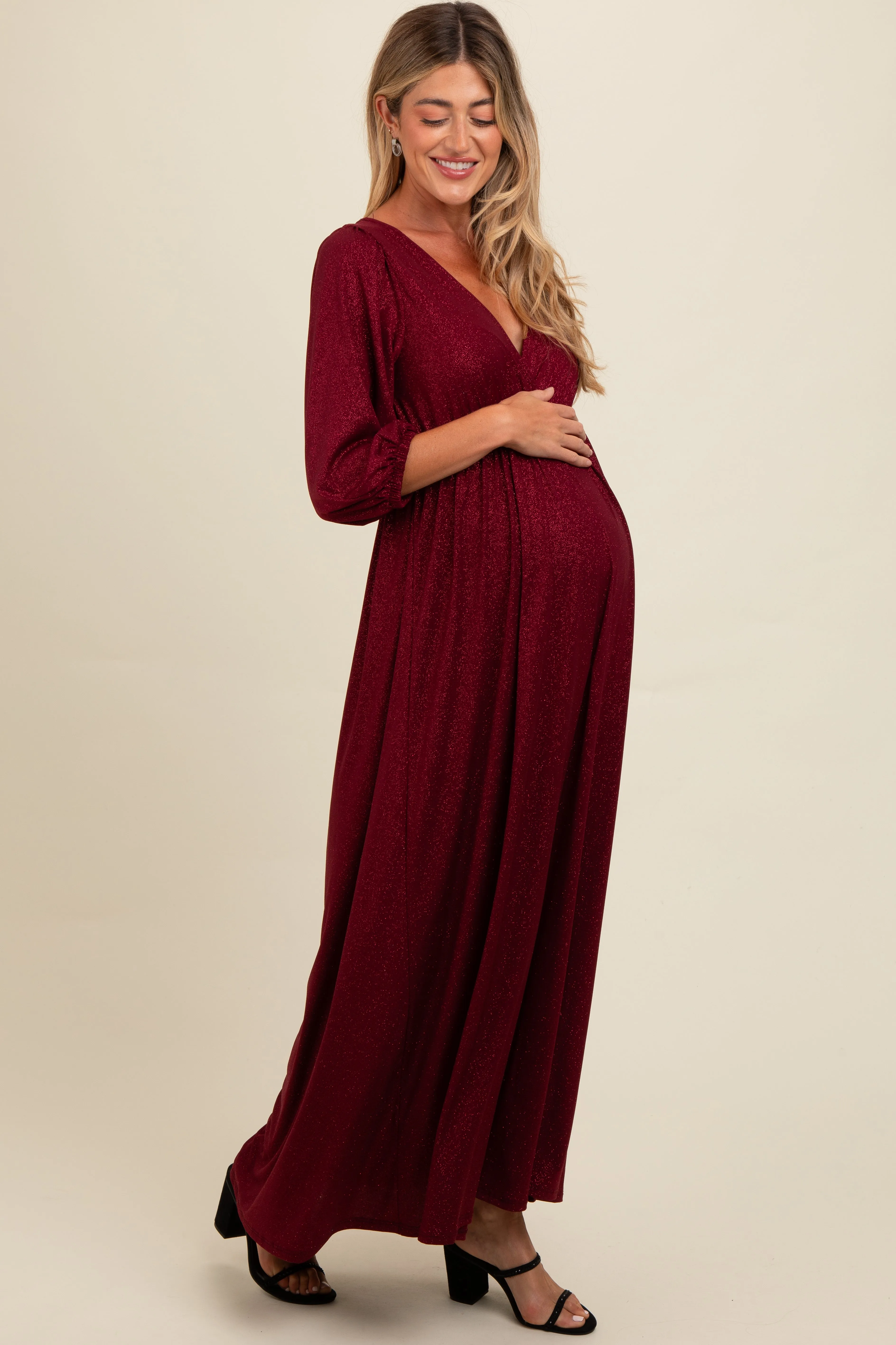 Burgundy Glitter V-Neck Maternity Maxi Dress sold by Pinkblush product image thumbnail 3