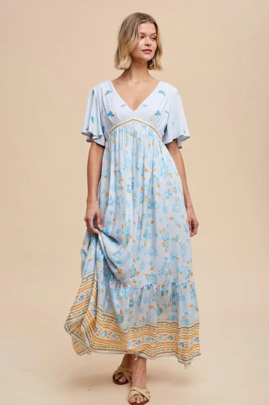 Light Blue Floral Flounce Sleeve Maxi Dress sold by Pinkblush