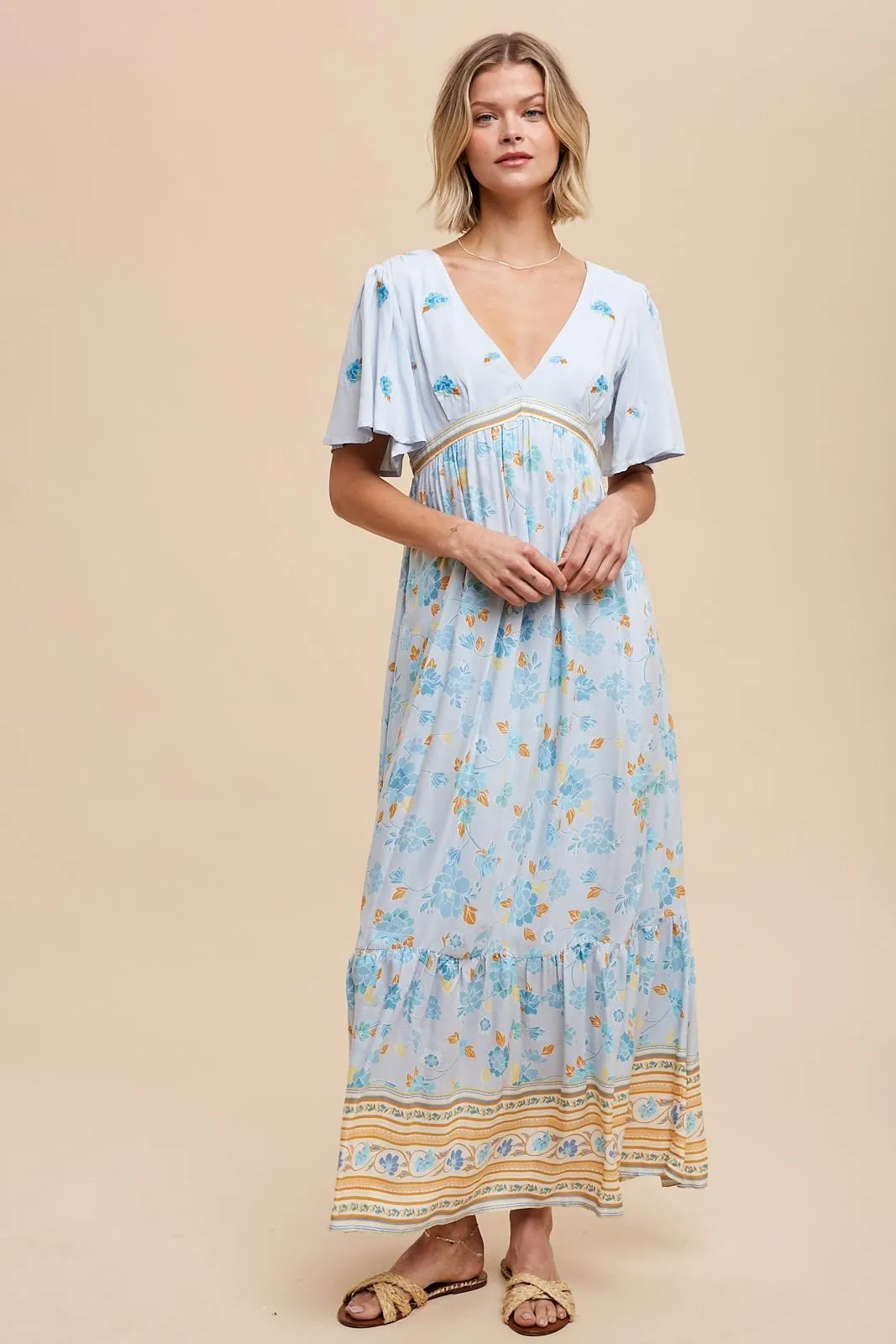 Light Blue Floral Flounce Sleeve Maxi Dress sold by Pinkblush product image thumbnail 2