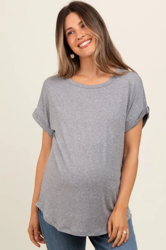 Grey Rolled Cuff Maternity Short Sleeve Top sold by Pinkblush