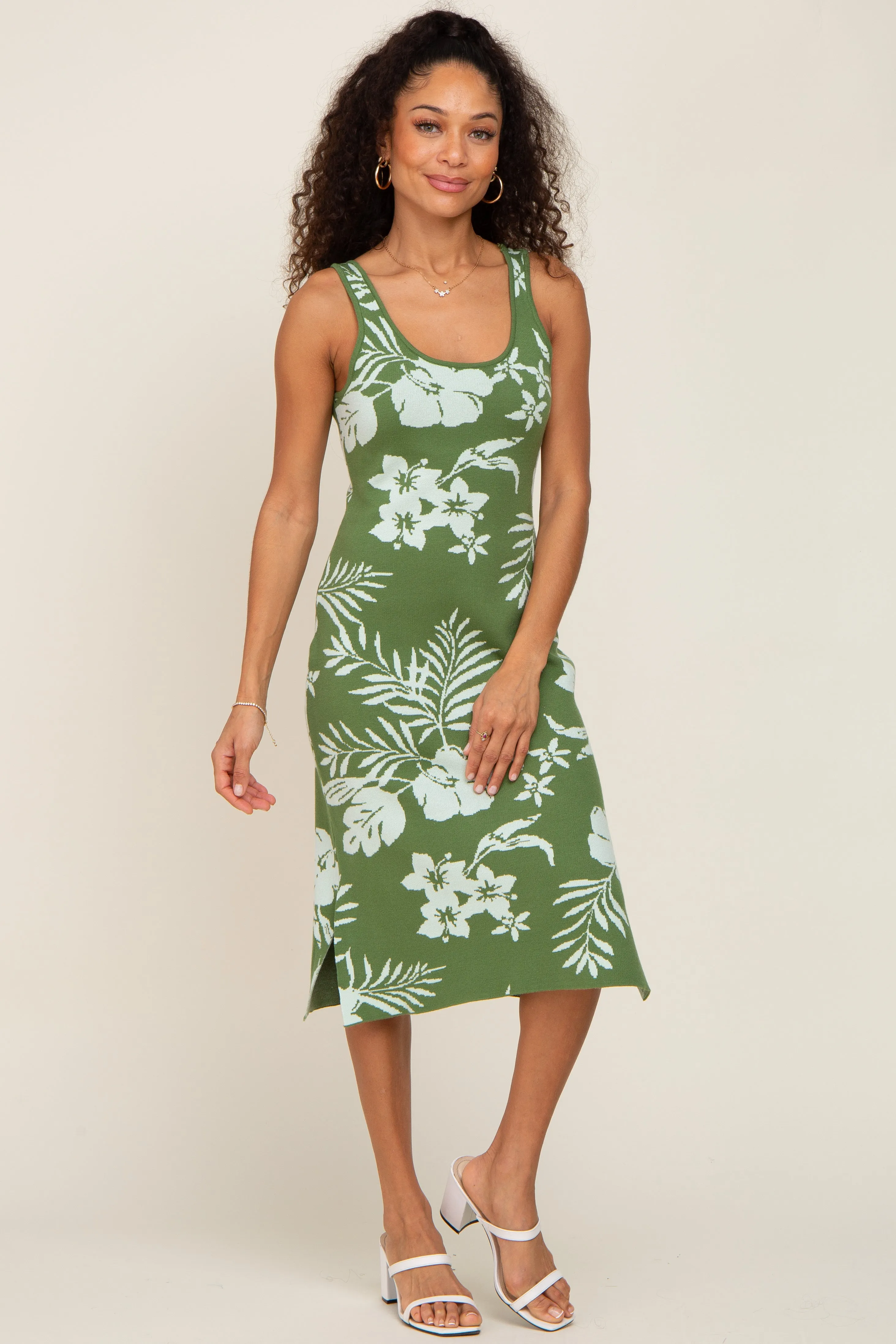 Olive Floral Sleeveless Knit Midi Dress sold by Pinkblush product image thumbnail 4