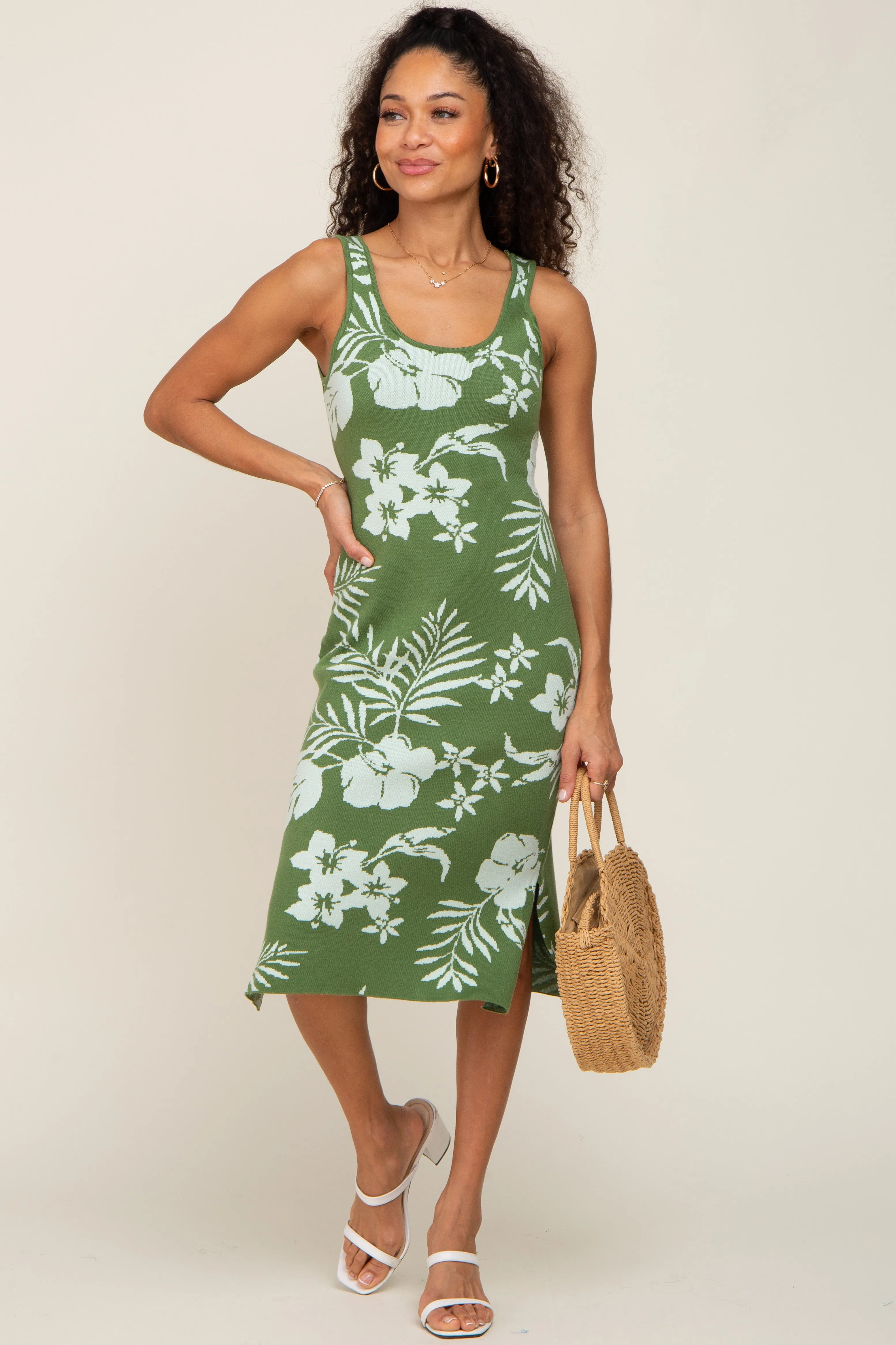 Olive Floral Sleeveless Knit Midi Dress sold by Pinkblush