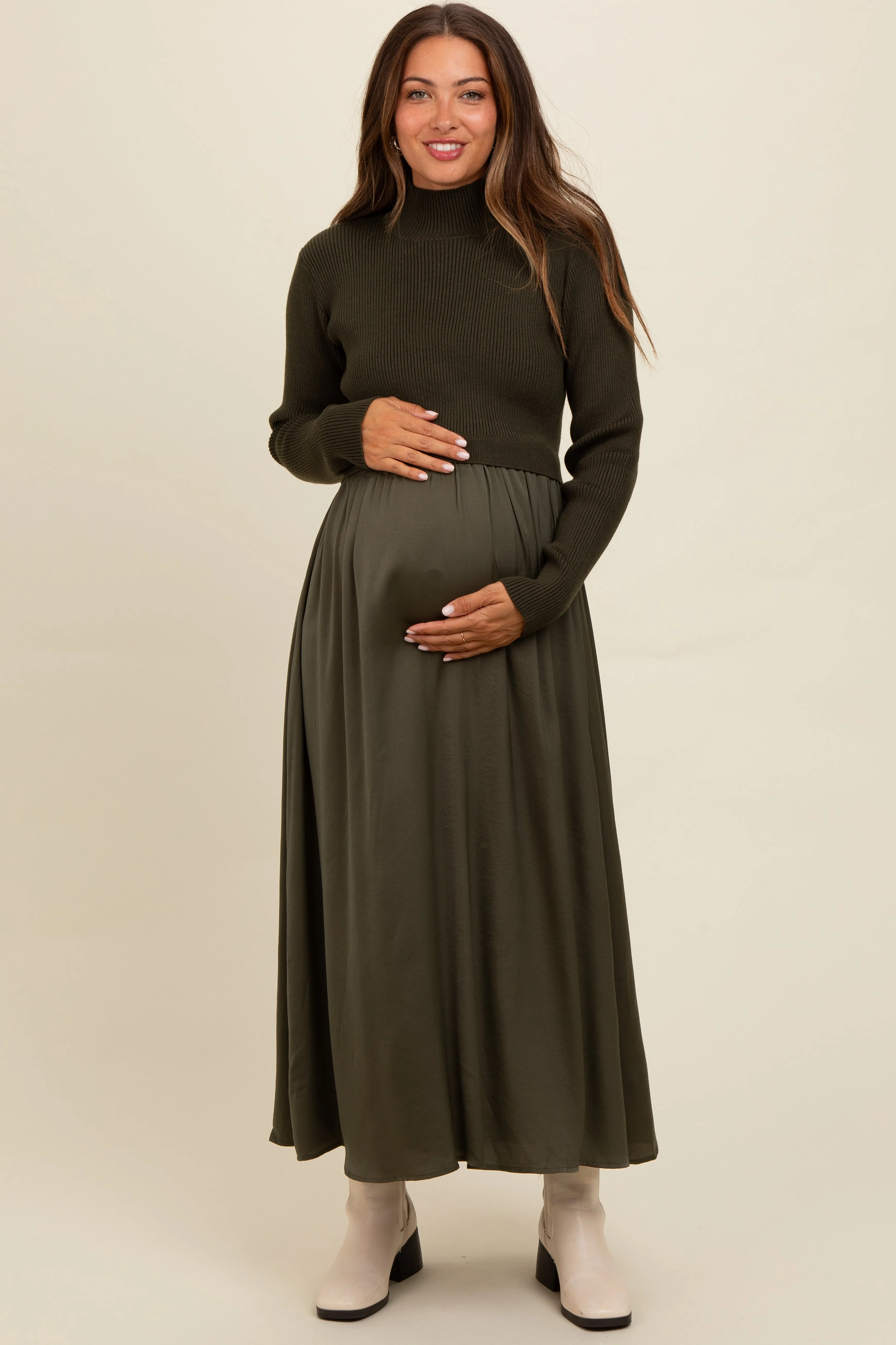 Olive Knit Contrast Top Satin Maternity Midi Dress sold by Pinkblush product image thumbnail 2