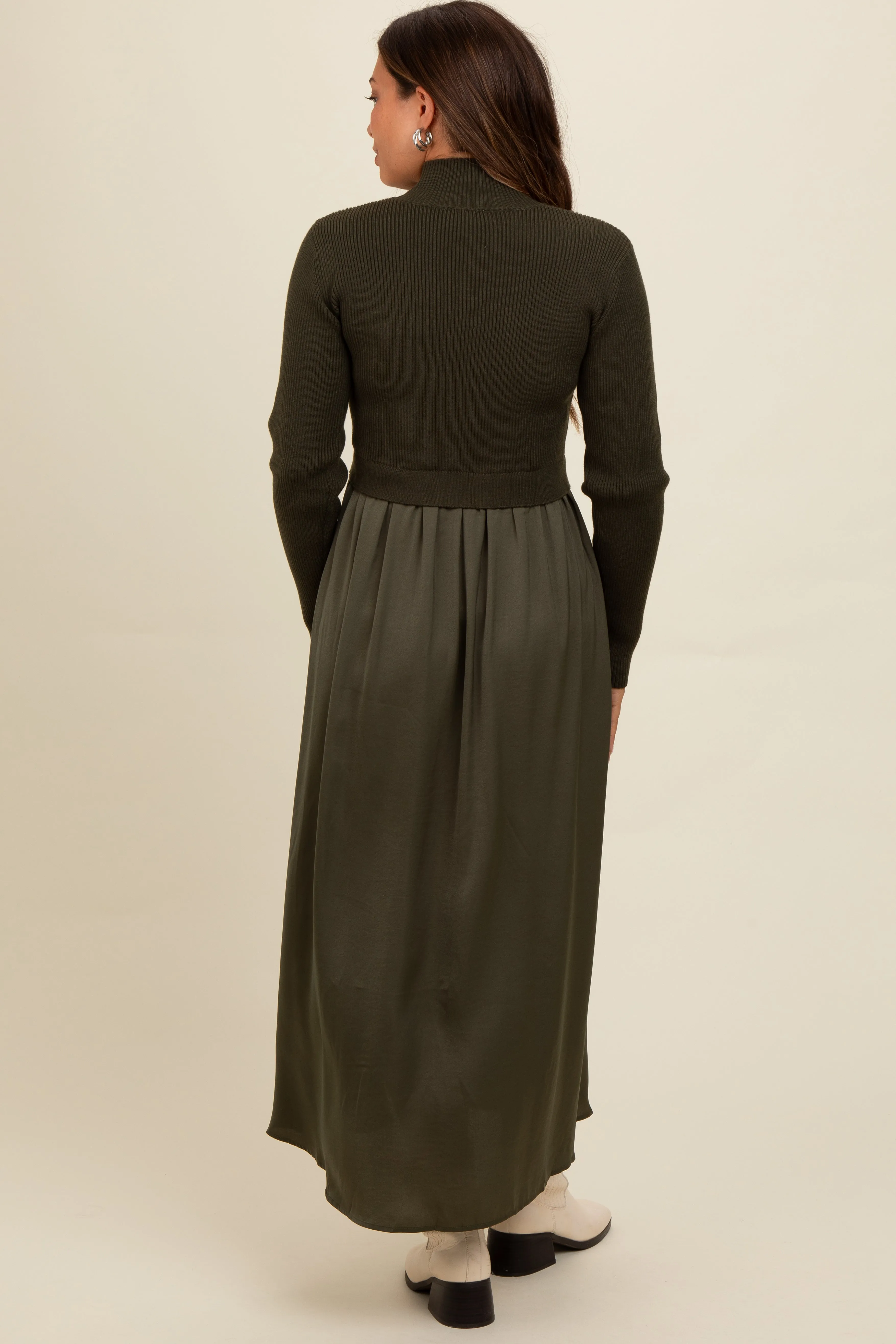 Olive Knit Contrast Top Satin Maternity Midi Dress sold by Pinkblush product image thumbnail 3