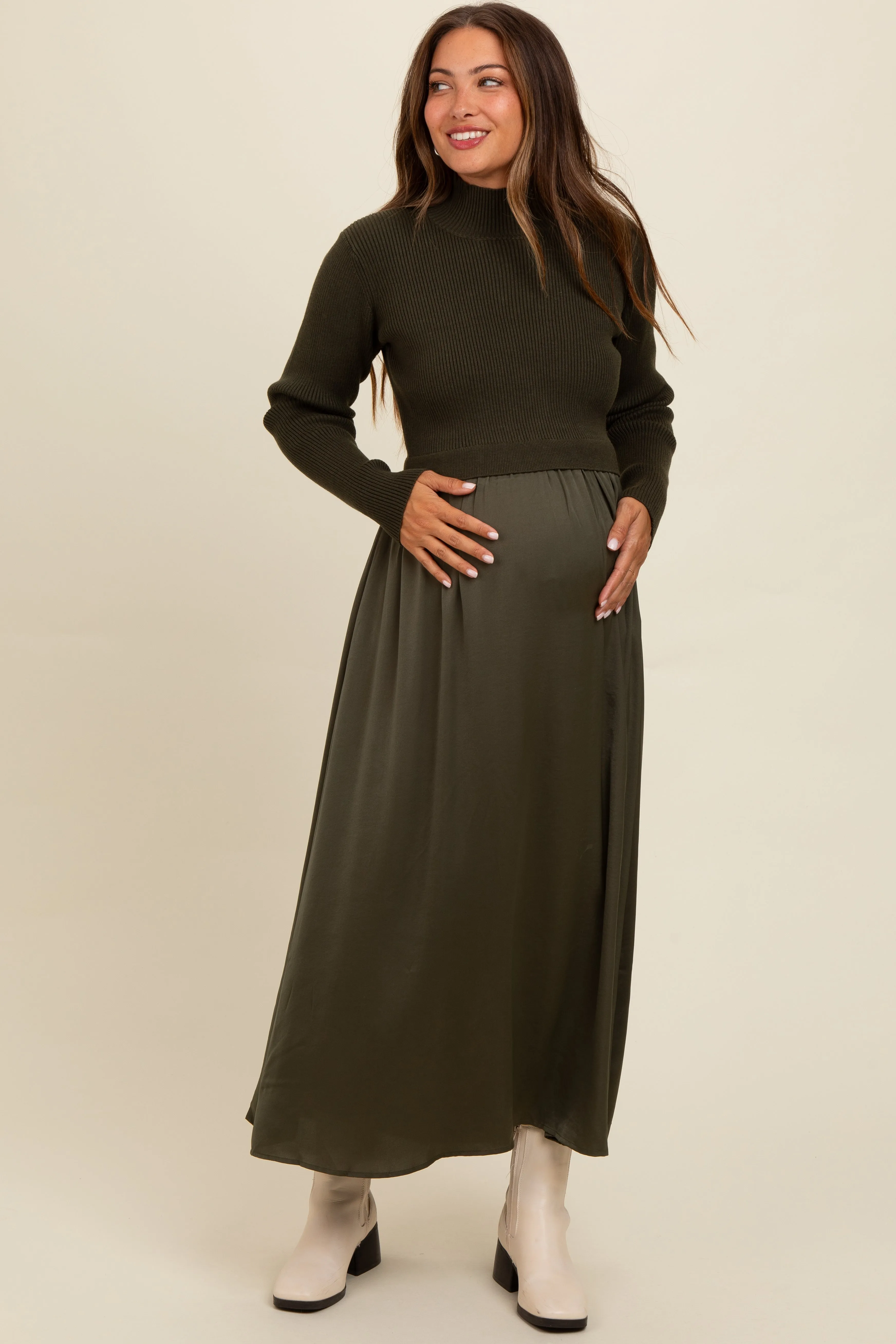 Olive Knit Contrast Top Satin Maternity Midi Dress sold by Pinkblush