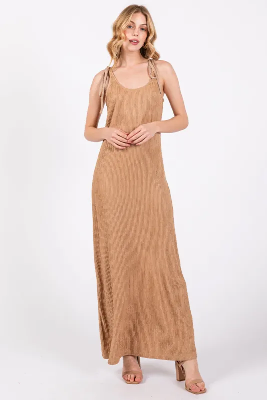 Mocha Textured Tie Strap Midi Dress sold by Pinkblush