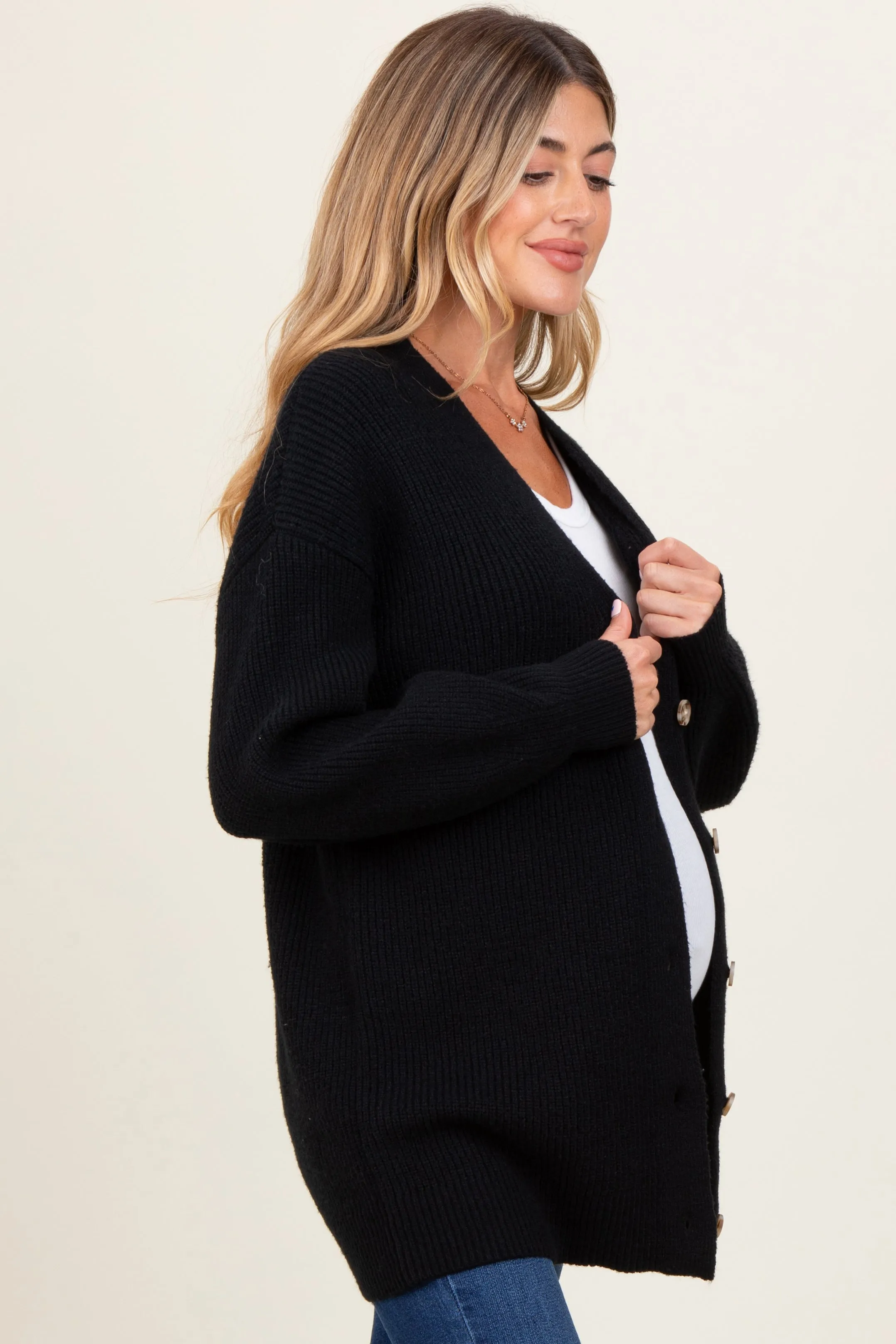 Black Knit Oversized Button Down V-Neck Maternity Cardigan sold by Pinkblush product image thumbnail 3