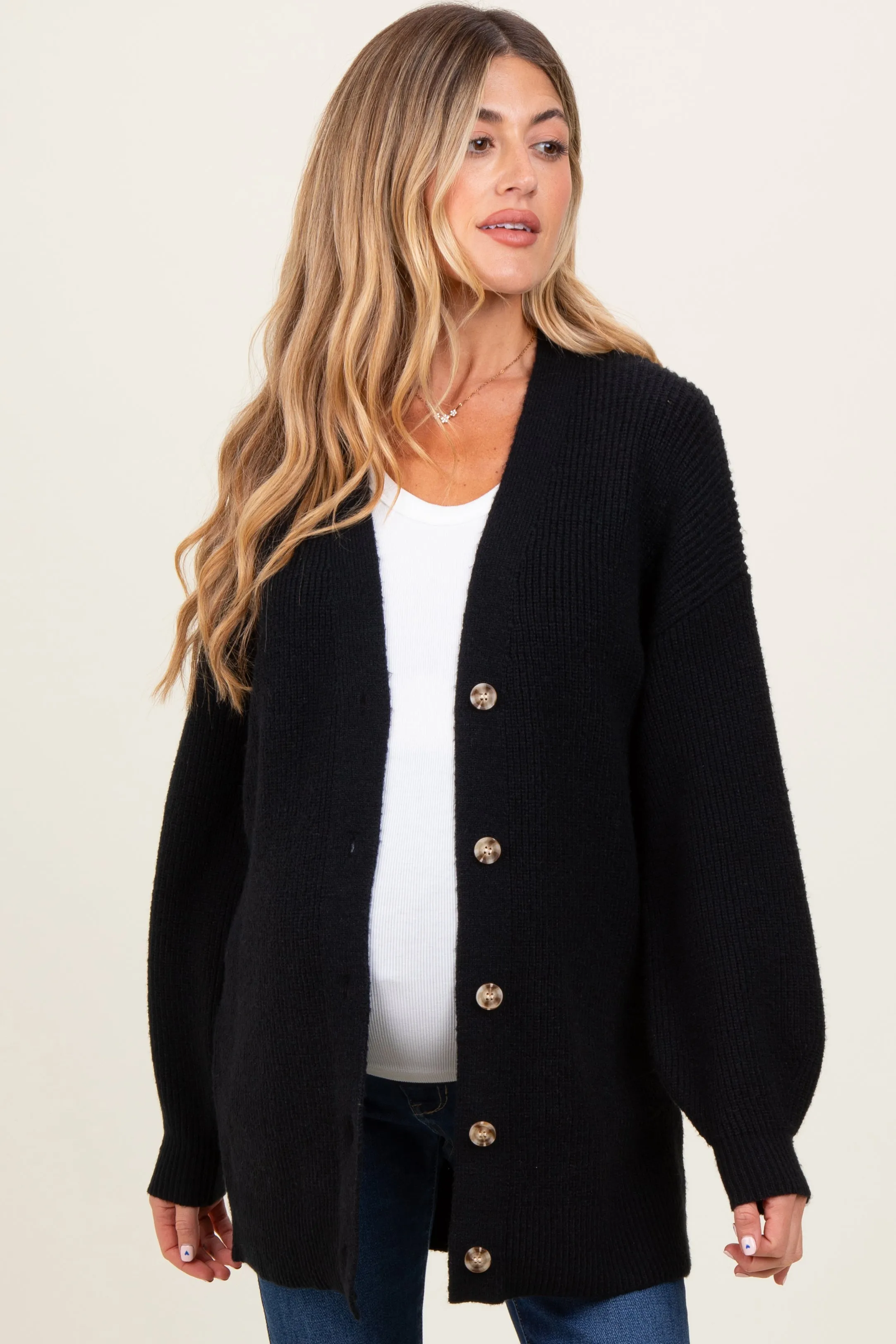 Black Knit Oversized Button Down V-Neck Maternity Cardigan sold by Pinkblush