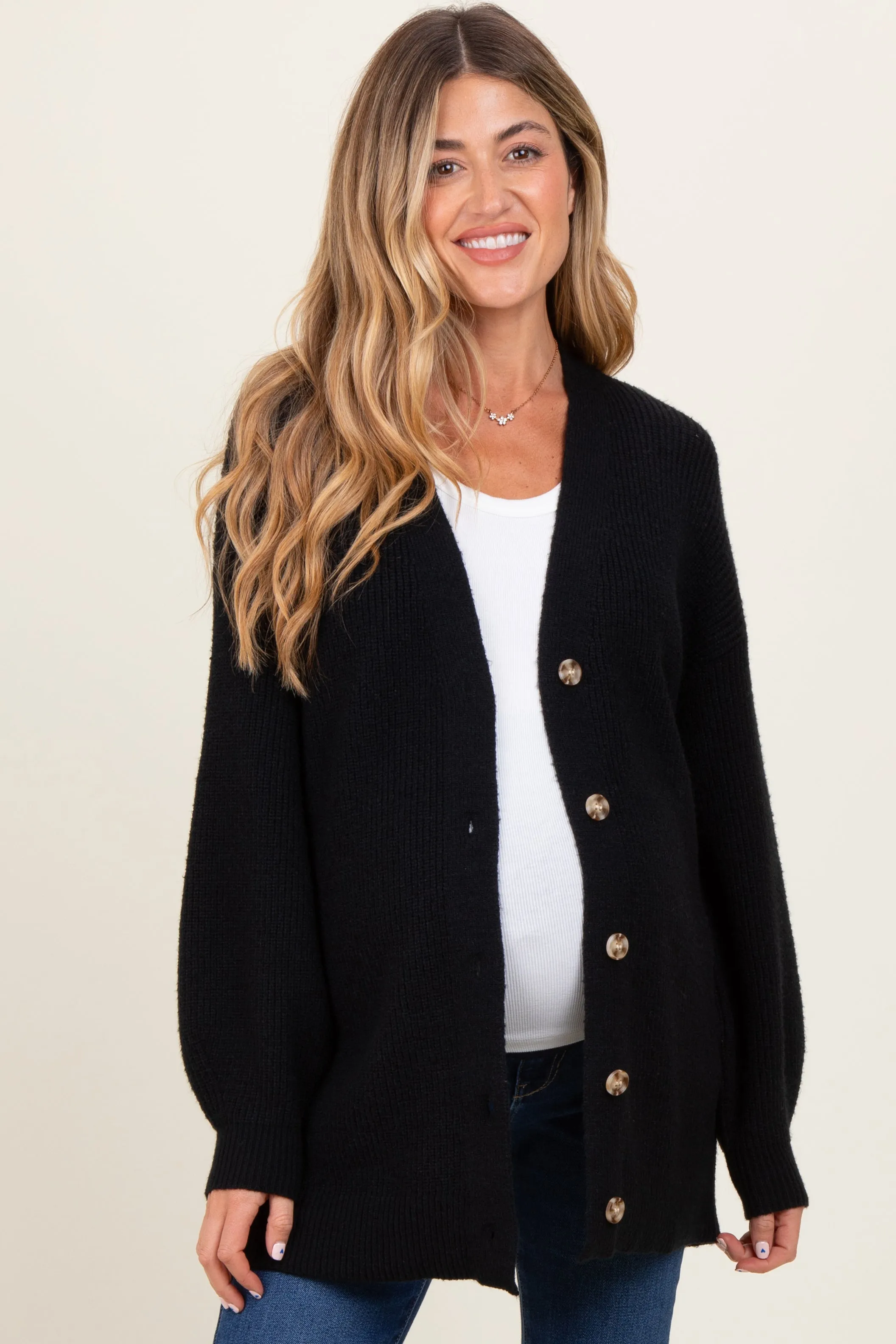 Black Knit Oversized Button Down V-Neck Maternity Cardigan sold by Pinkblush product image thumbnail 2