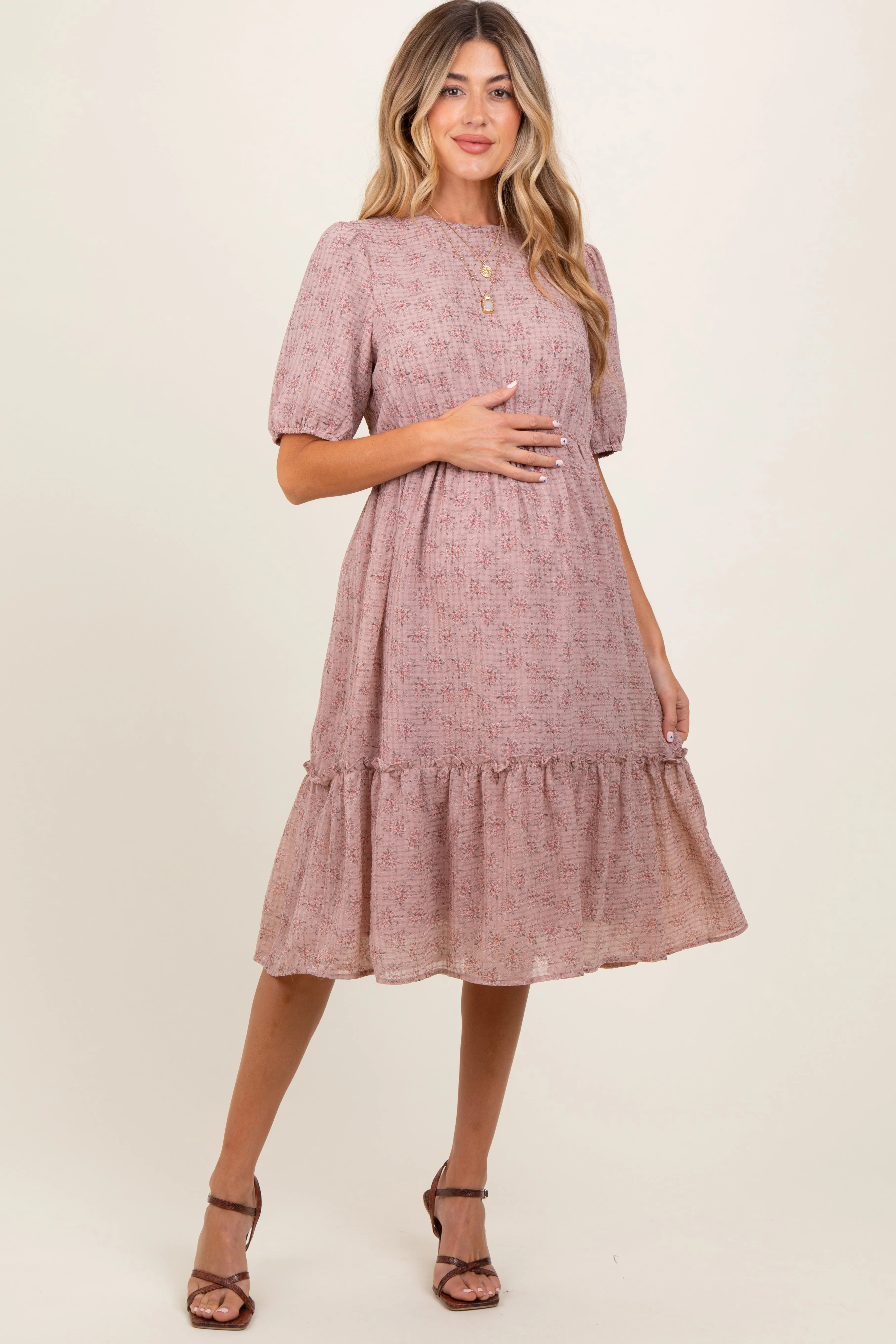 Mauve Printed Textured Maternity Midi Dress sold by Pinkblush