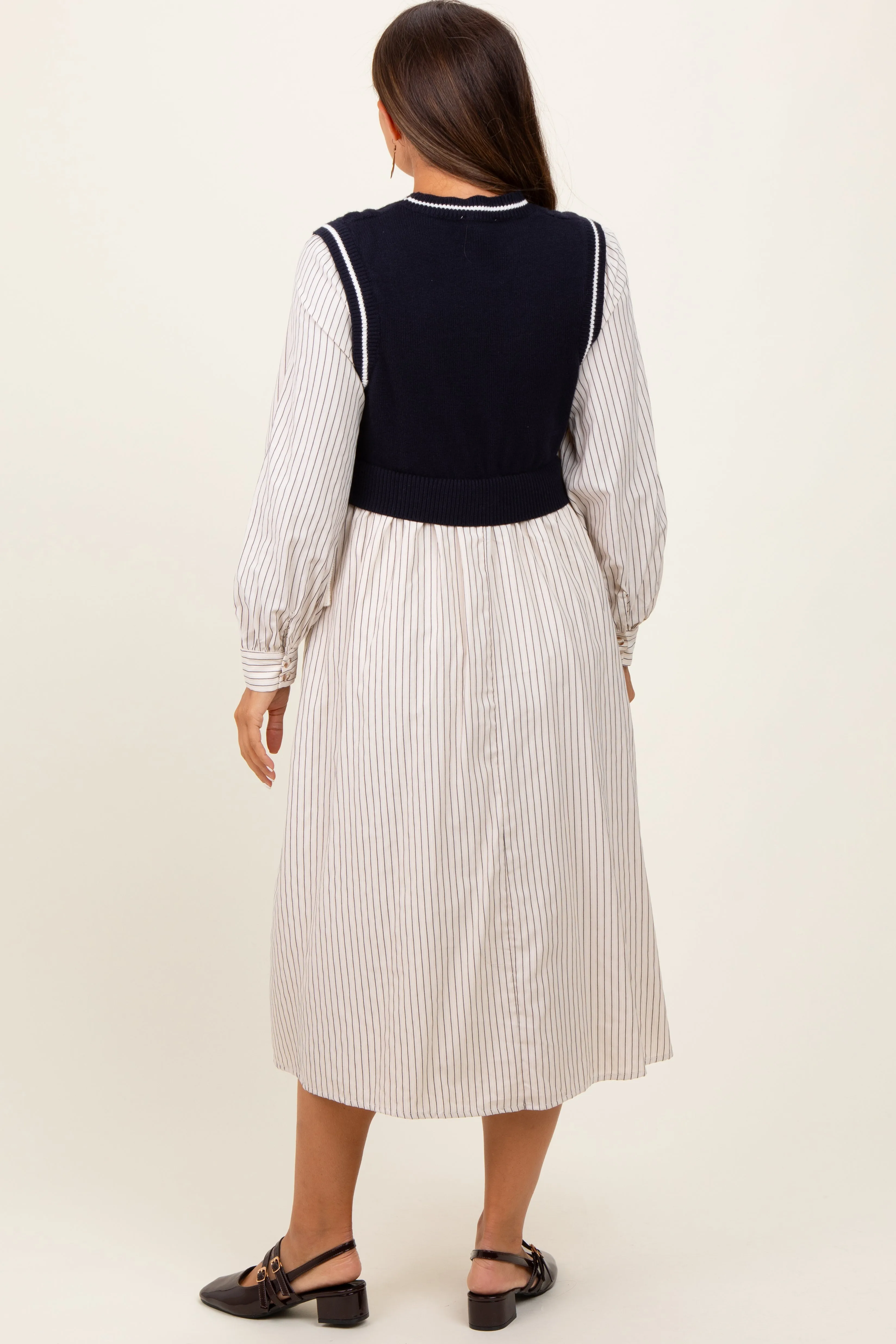 Navy Striped Contrast Sweater Knit Top Maternity Midi Dress sold by Pinkblush product image thumbnail 4