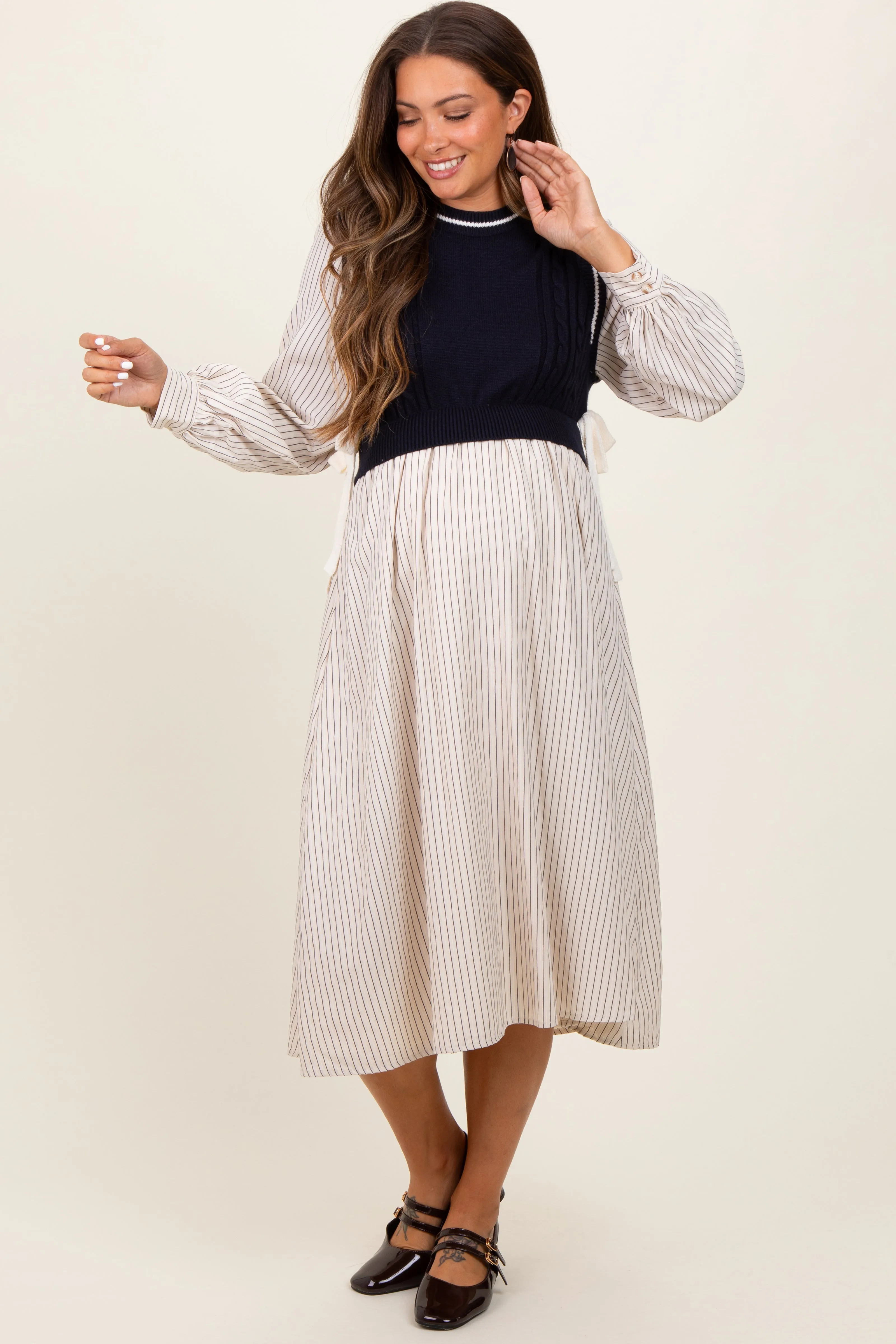 Navy Striped Contrast Sweater Knit Top Maternity Midi Dress sold by Pinkblush