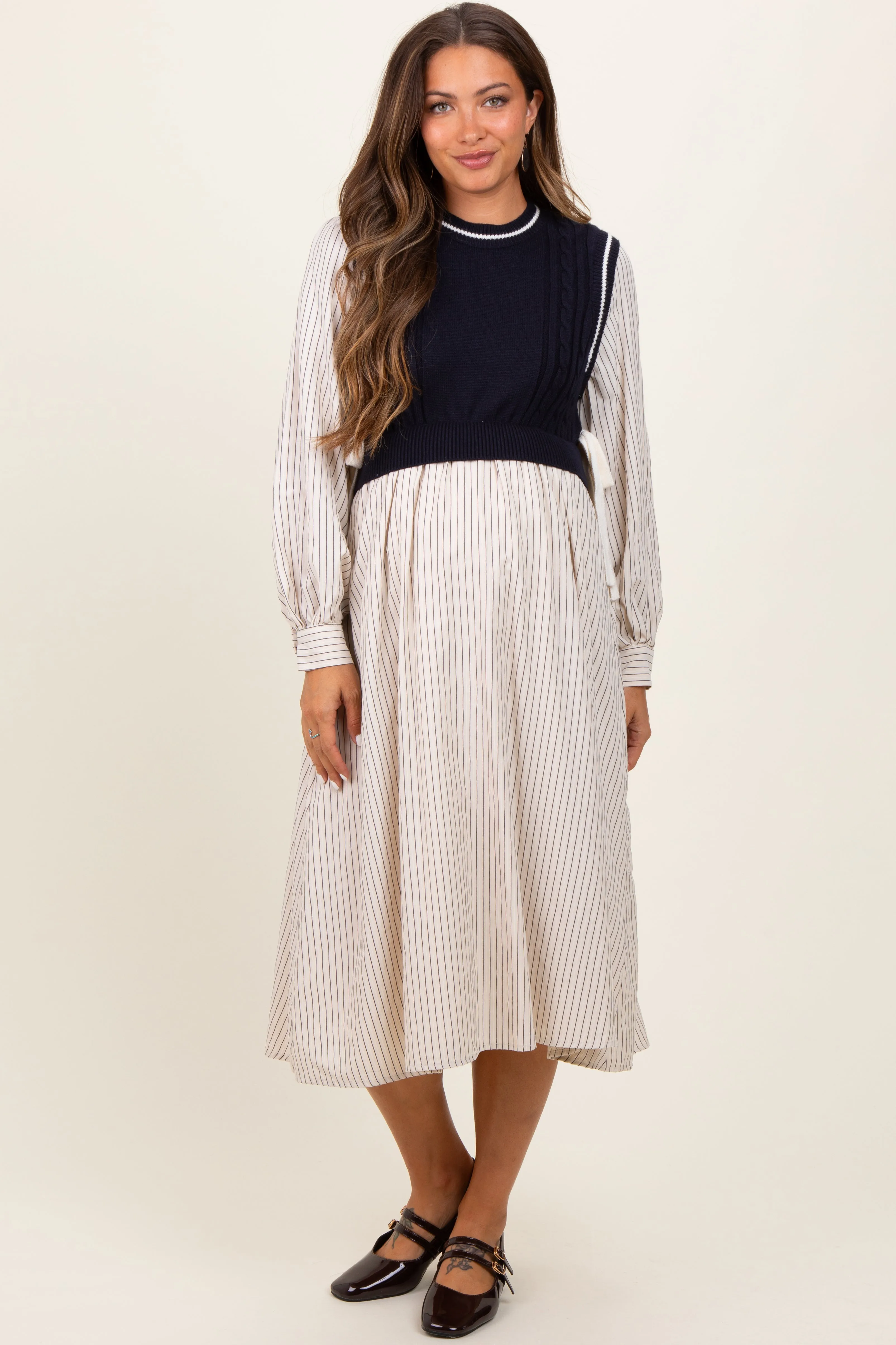 Navy Striped Contrast Sweater Knit Top Maternity Midi Dress sold by Pinkblush product image thumbnail 2