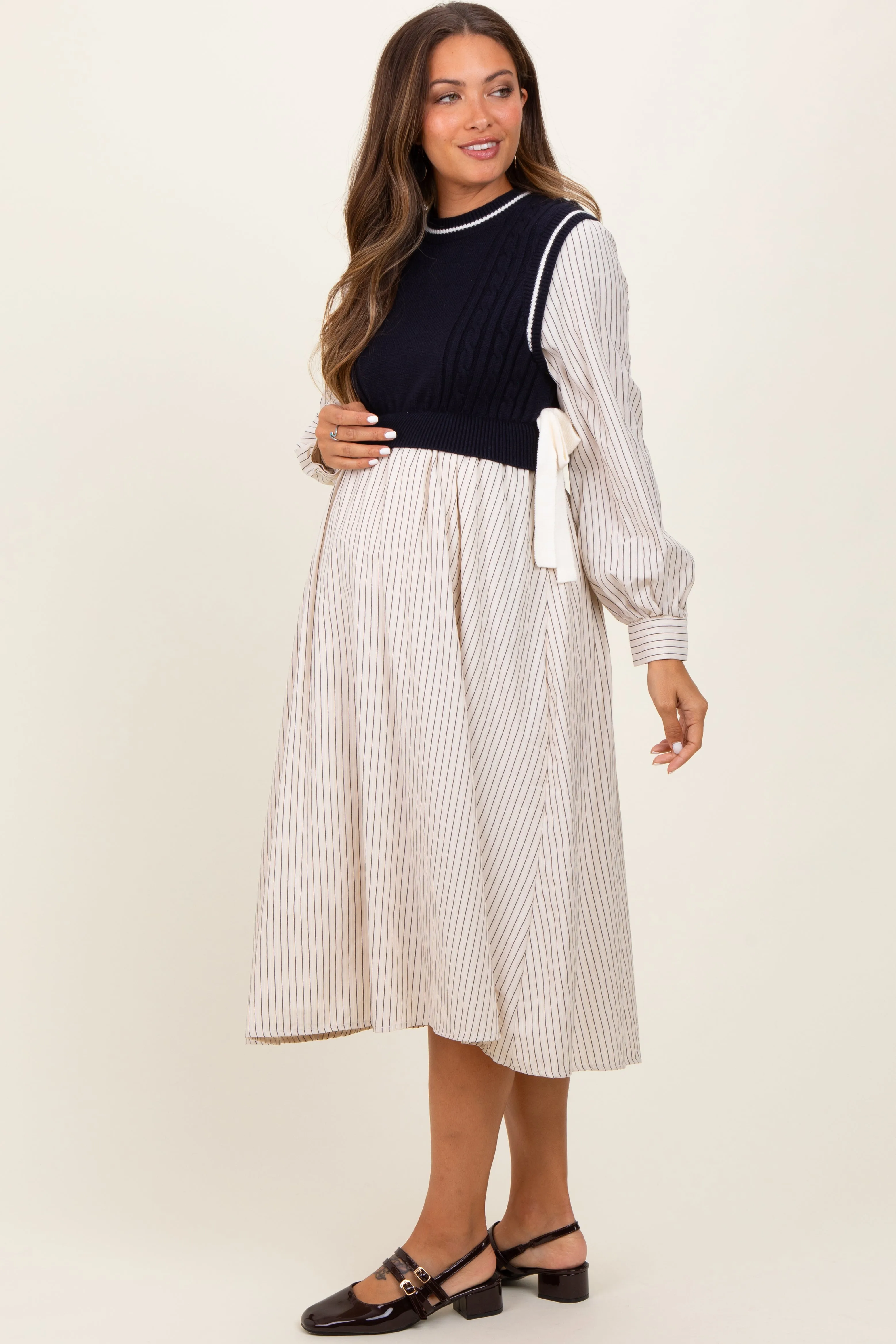 Navy Striped Contrast Sweater Knit Top Maternity Midi Dress sold by Pinkblush product image thumbnail 3