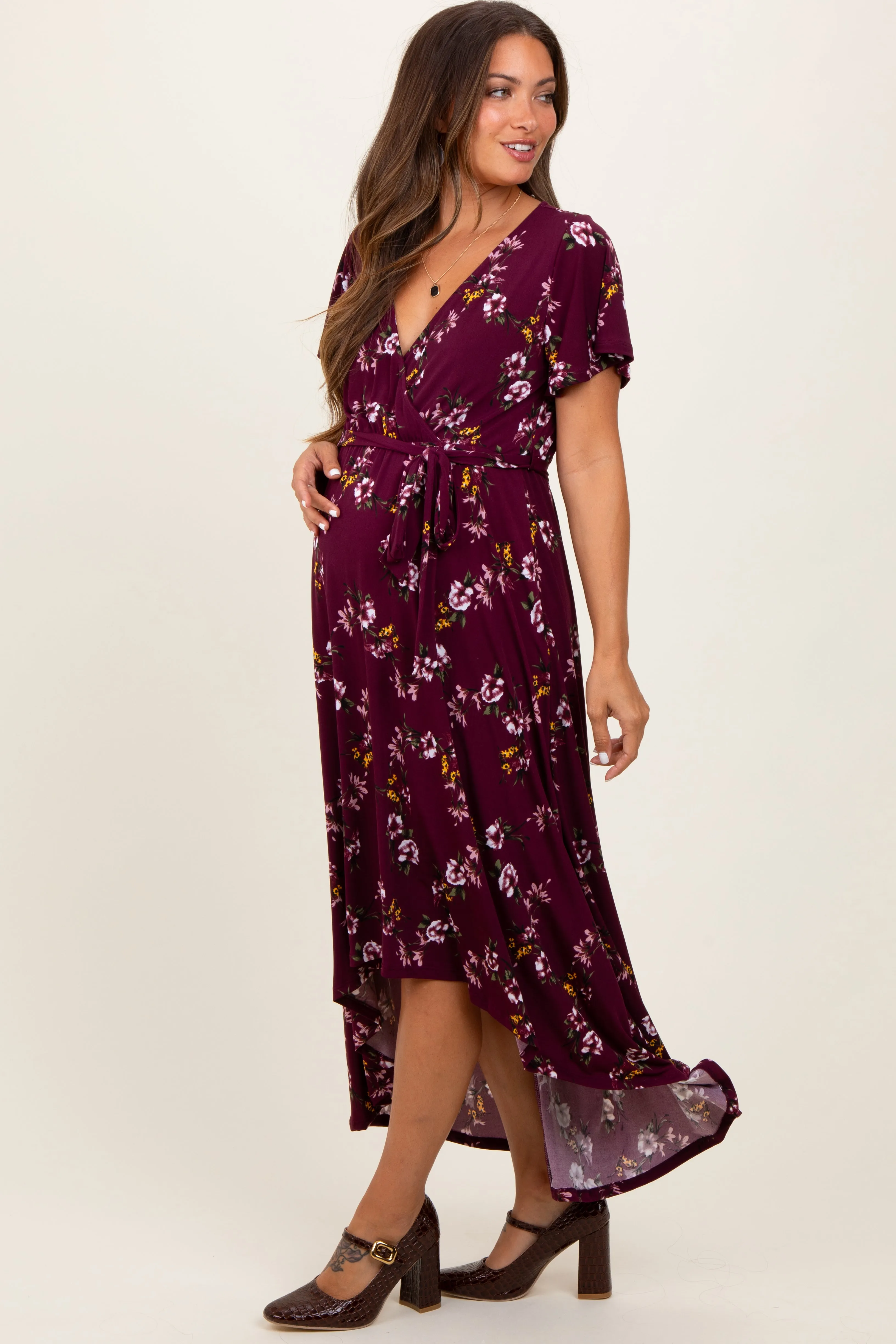 Burgundy Floral Short Sleeve Wrap Hi-Low Maternity Maxi Dress sold by Pinkblush product image thumbnail 2