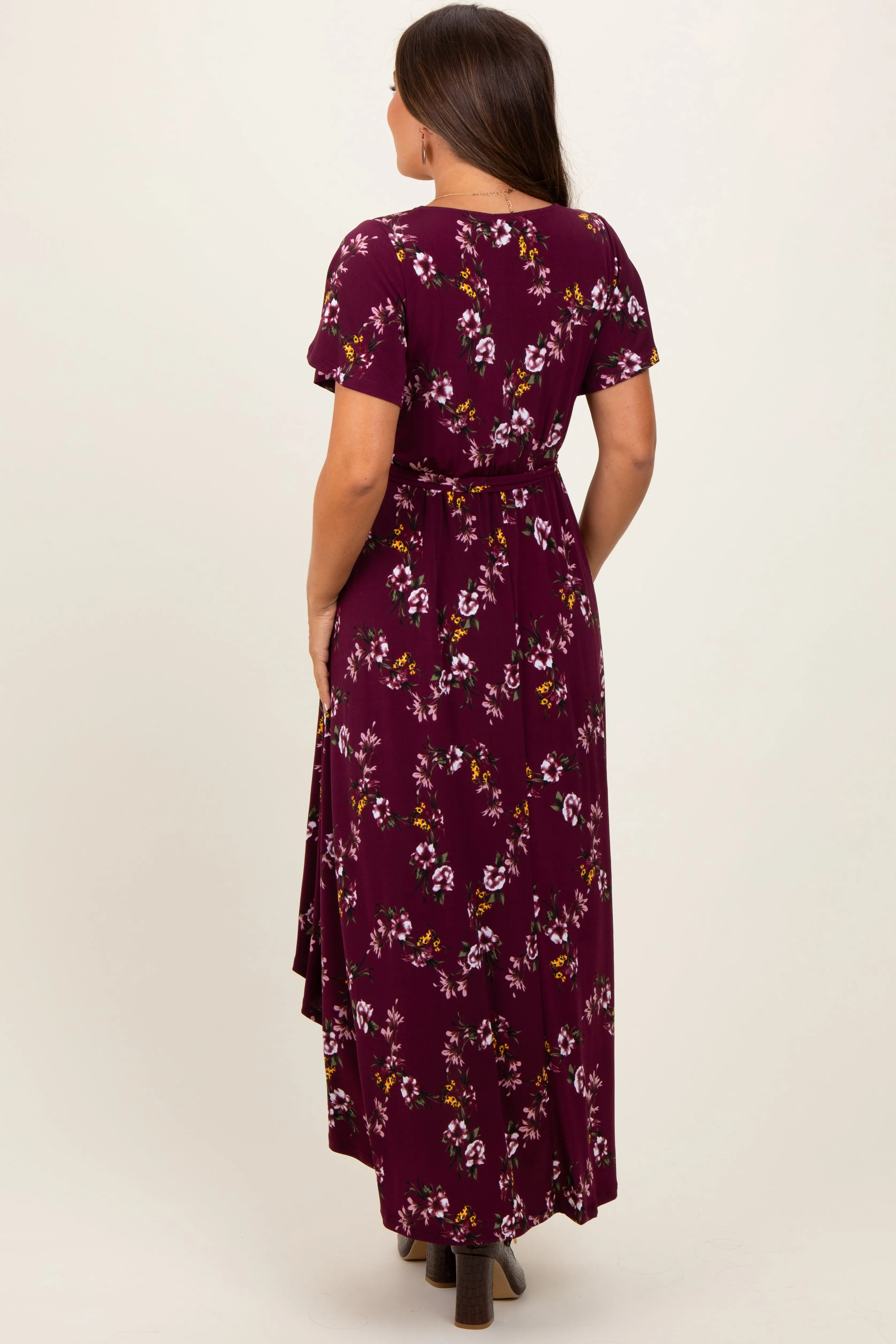 Burgundy Floral Short Sleeve Wrap Hi-Low Maternity Maxi Dress sold by Pinkblush product image thumbnail 4